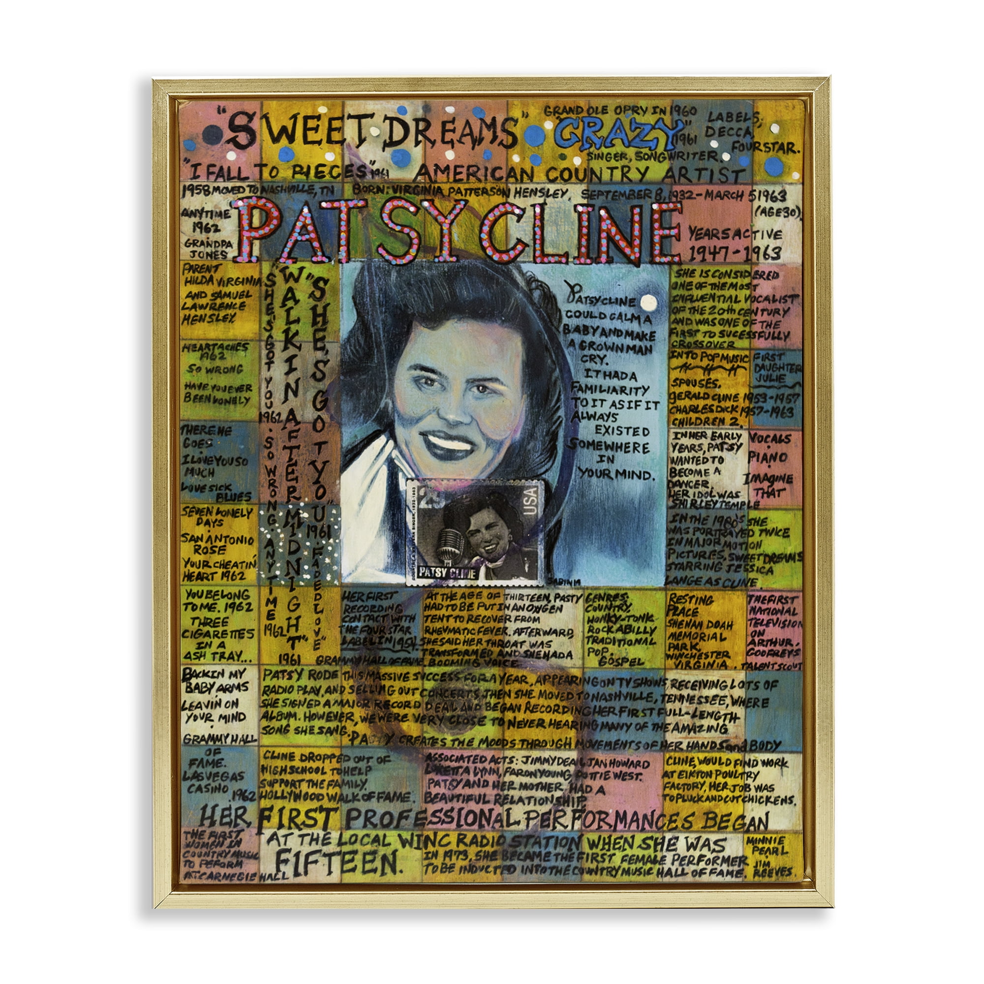 Stupell Industries Patsy Cline Collage People Drawing Gold Floater Framed Canvas Art Print Wall Art, 17 x 21