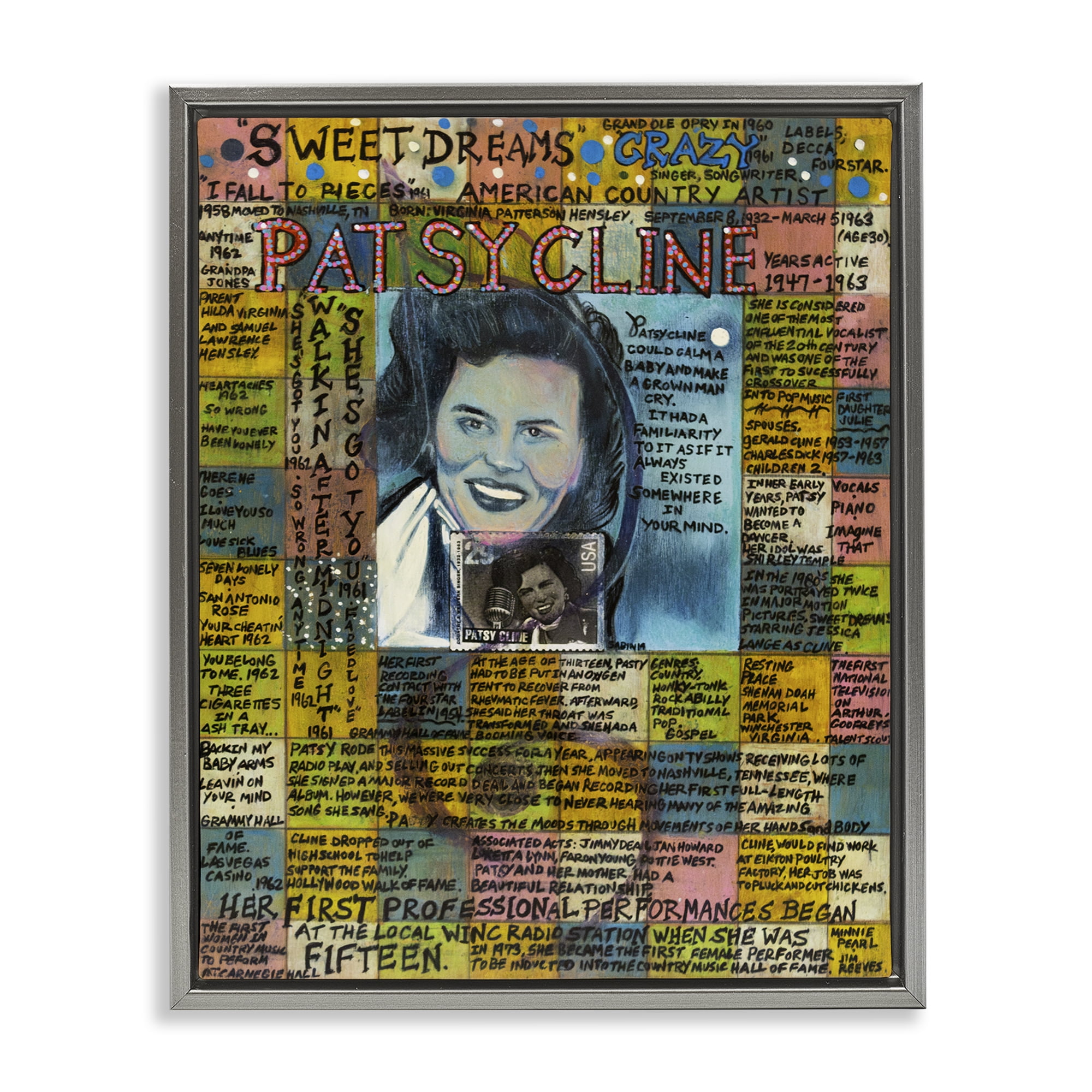 Stupell Industries Patsy Cline Collage People Drawing Gray Floater Framed Canvas Art Print Wall Art, 25 x 31