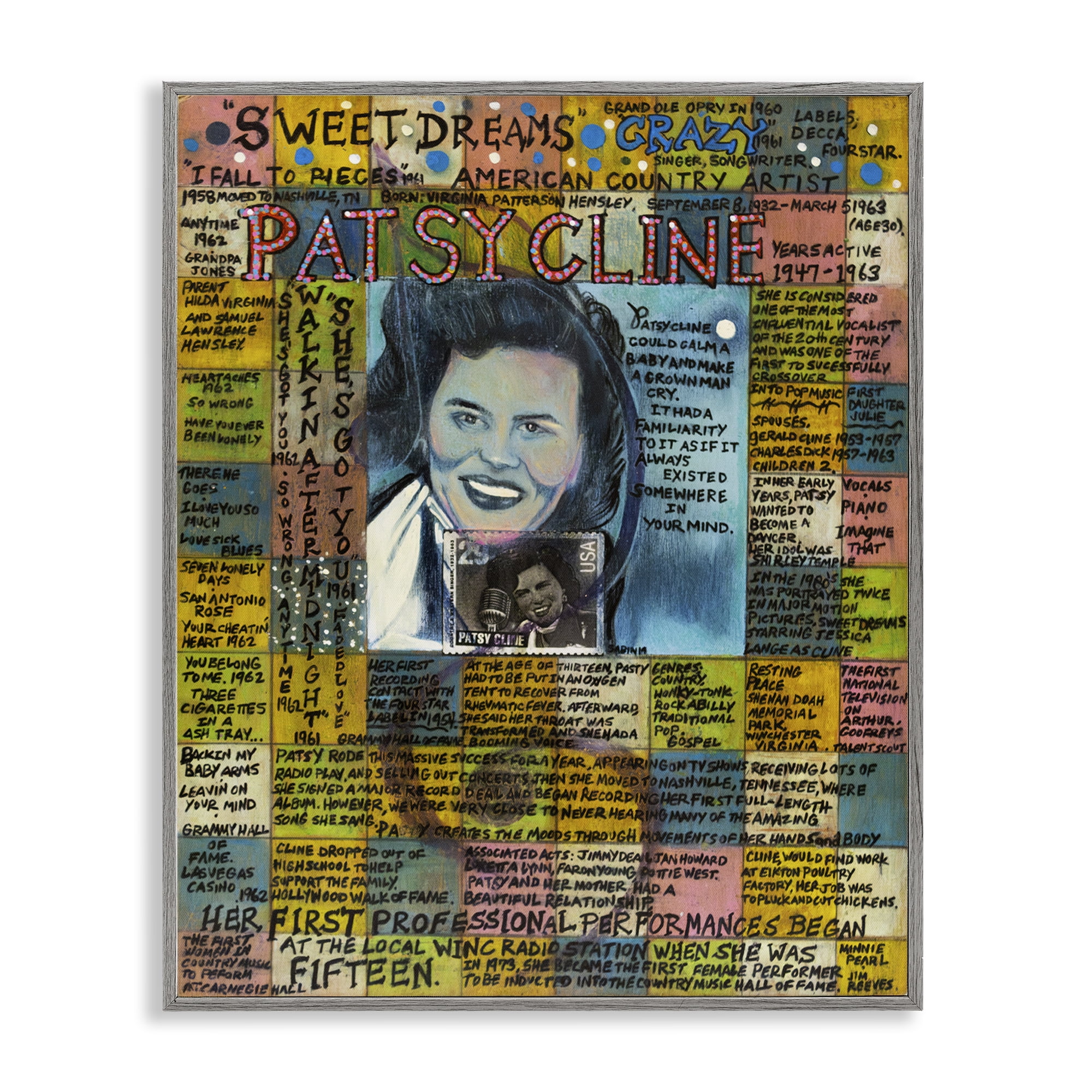 Stupell Industries Patsy Cline Collage People Drawing Gray Framed Art Print Wall Art, 11 x 14