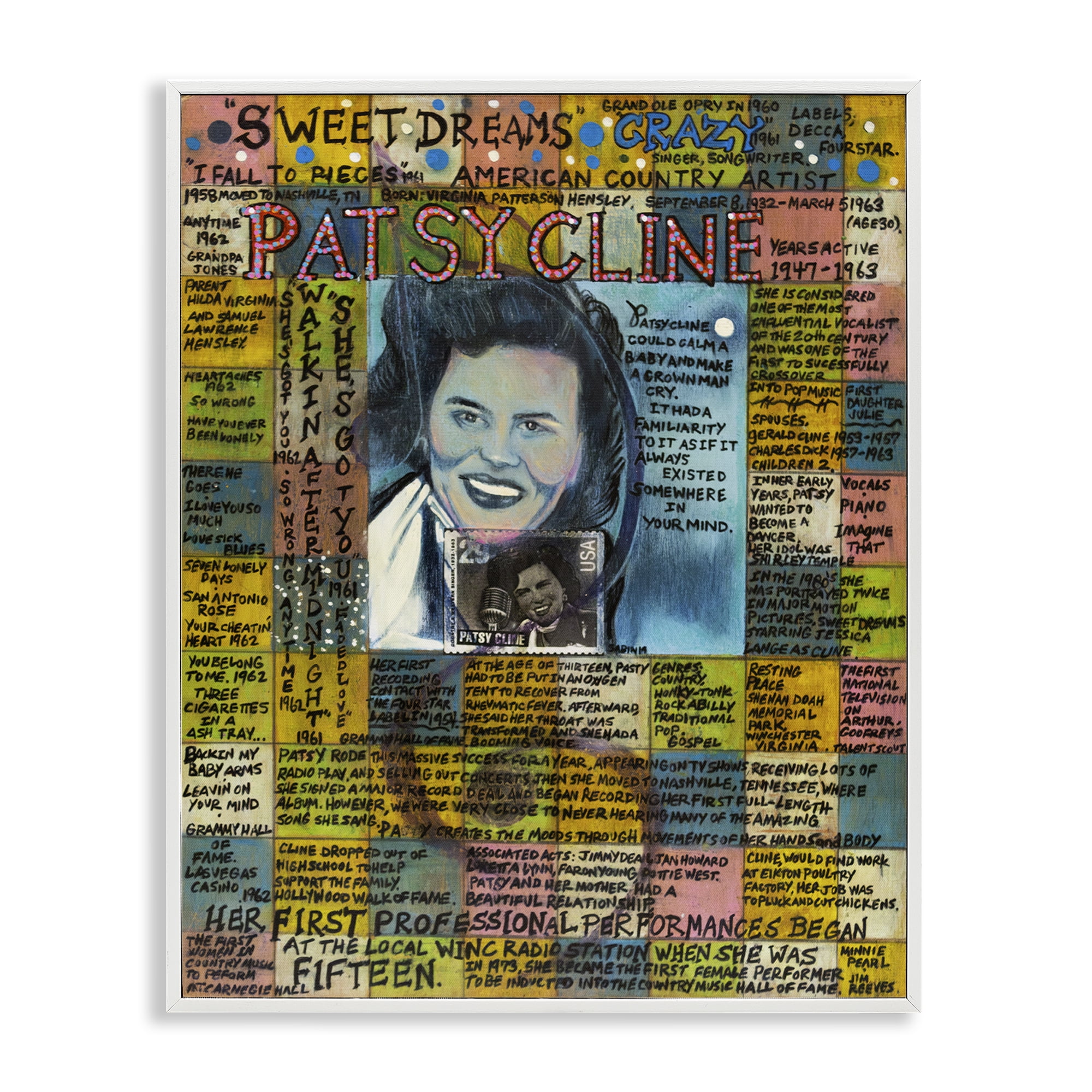 Stupell Industries Patsy Cline Collage People Drawing White Framed Art Print Wall Art, 24 x 30