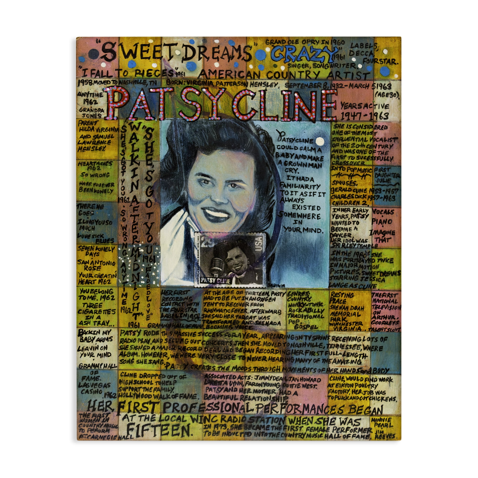 Stupell Industries Patsy Cline Collage People Drawing Wrapped Canvas Art Print Wall Art, 30 x 40