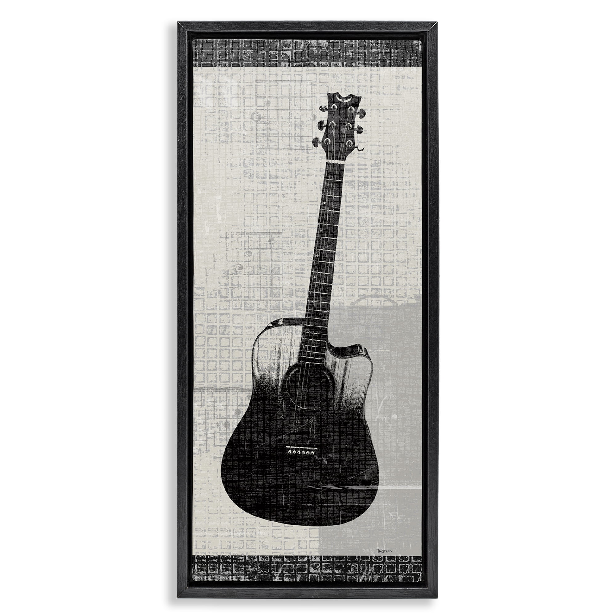 Stupell Industries Patterned Acoustic Guitar Performing Arts Painting Black Floater Framed Art Print Wall Art, 15 x 31