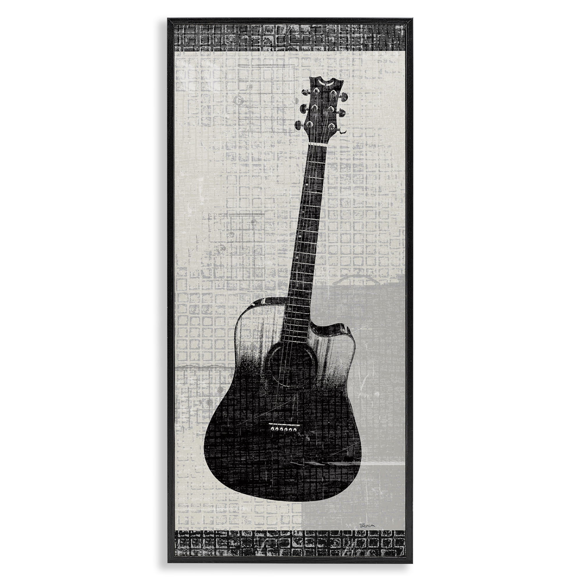 Stupell Industries Patterned Acoustic Guitar Performing Arts Painting Black Framed Art Print Wall Art, 13 x 30