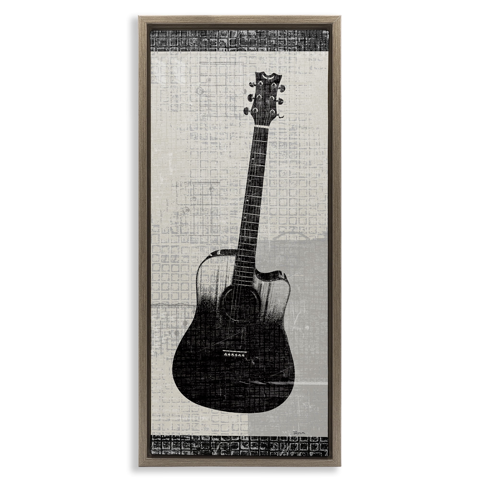 Stupell Industries Patterned Acoustic Guitar Performing Arts Painting Brown Floater Framed Art Print Wall Art, 11 x 25
