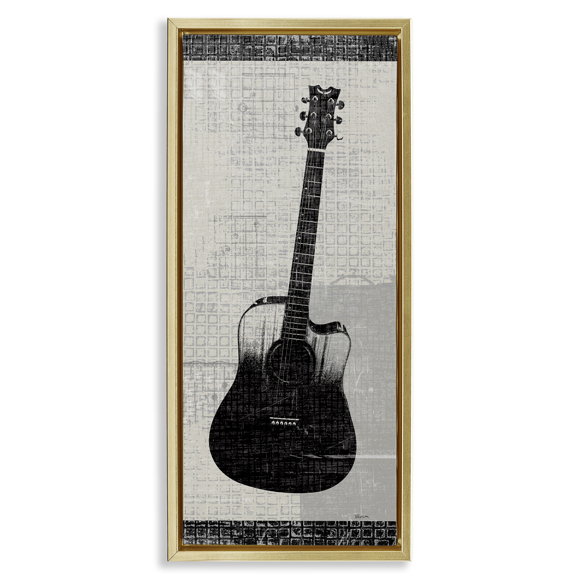 Stupell Industries Patterned Acoustic Guitar Performing Arts Painting Gold Floater Framed Art Print Wall Art, 11 x 25