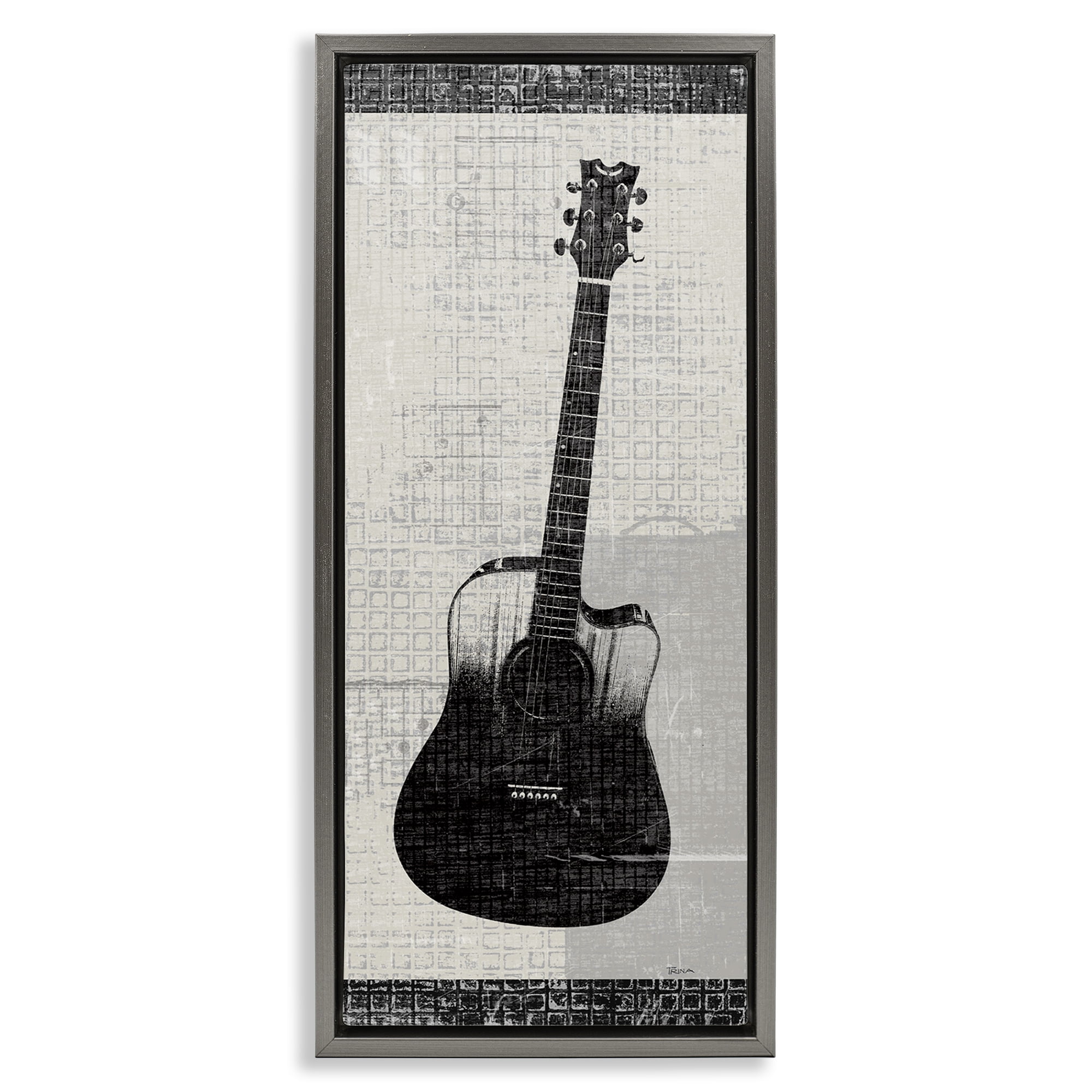 Stupell Industries Patterned Acoustic Guitar Performing Arts Painting Gray Floater Framed Art Print Wall Art, 15 x 31