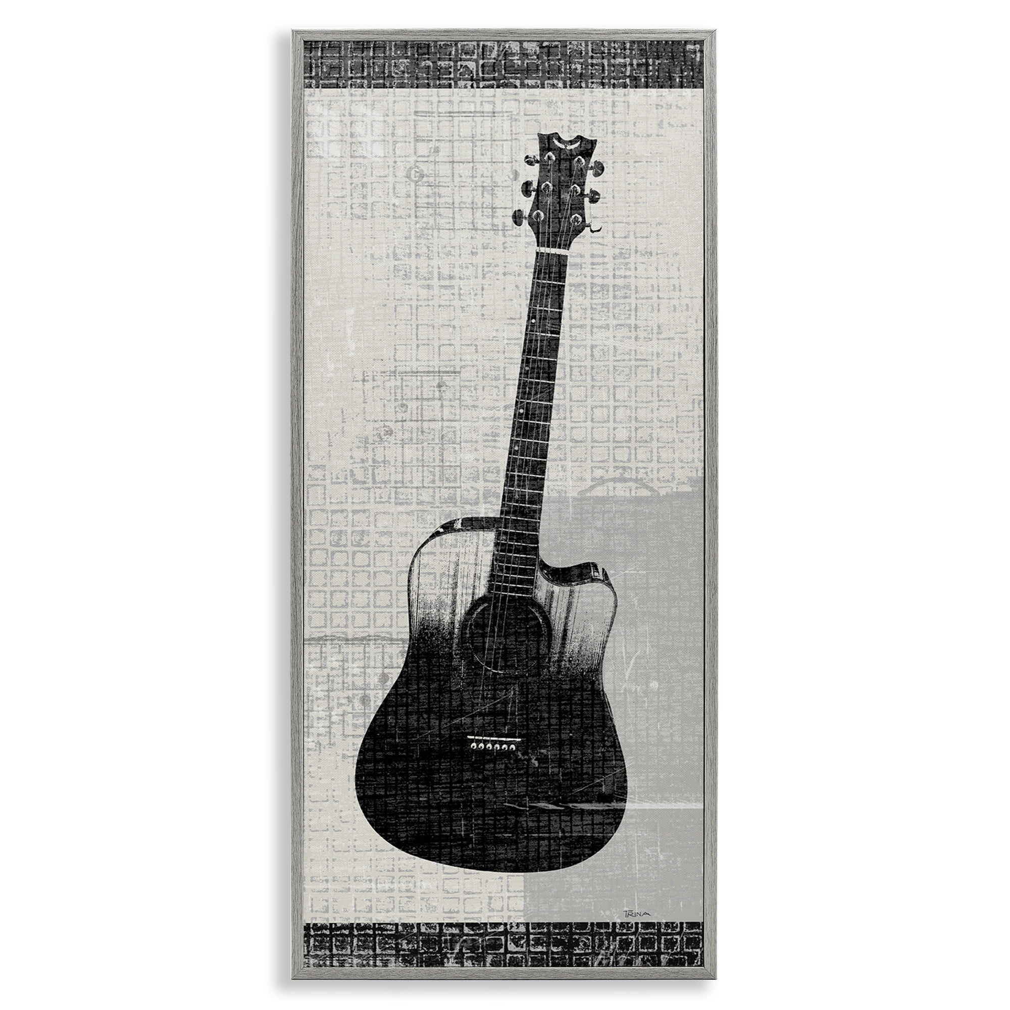 Stupell Industries Patterned Acoustic Guitar Performing Arts Painting Gray Framed Art Print Wall Art, 13 x 30