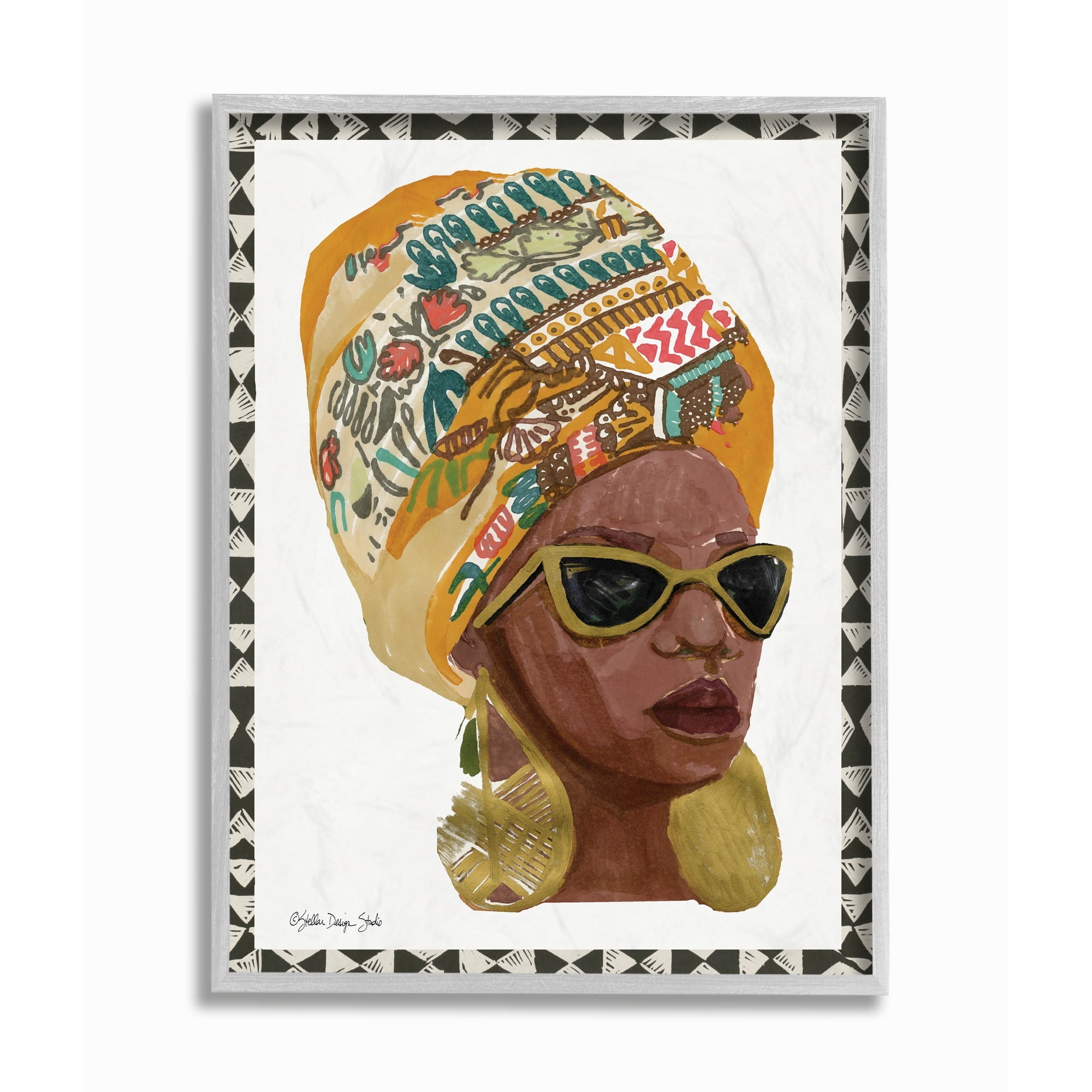 Stupell Industries Patterned African Fashion Model Painting Gray Framed Art Print Wall Art, 11x14, by Stellar Desgin Studio