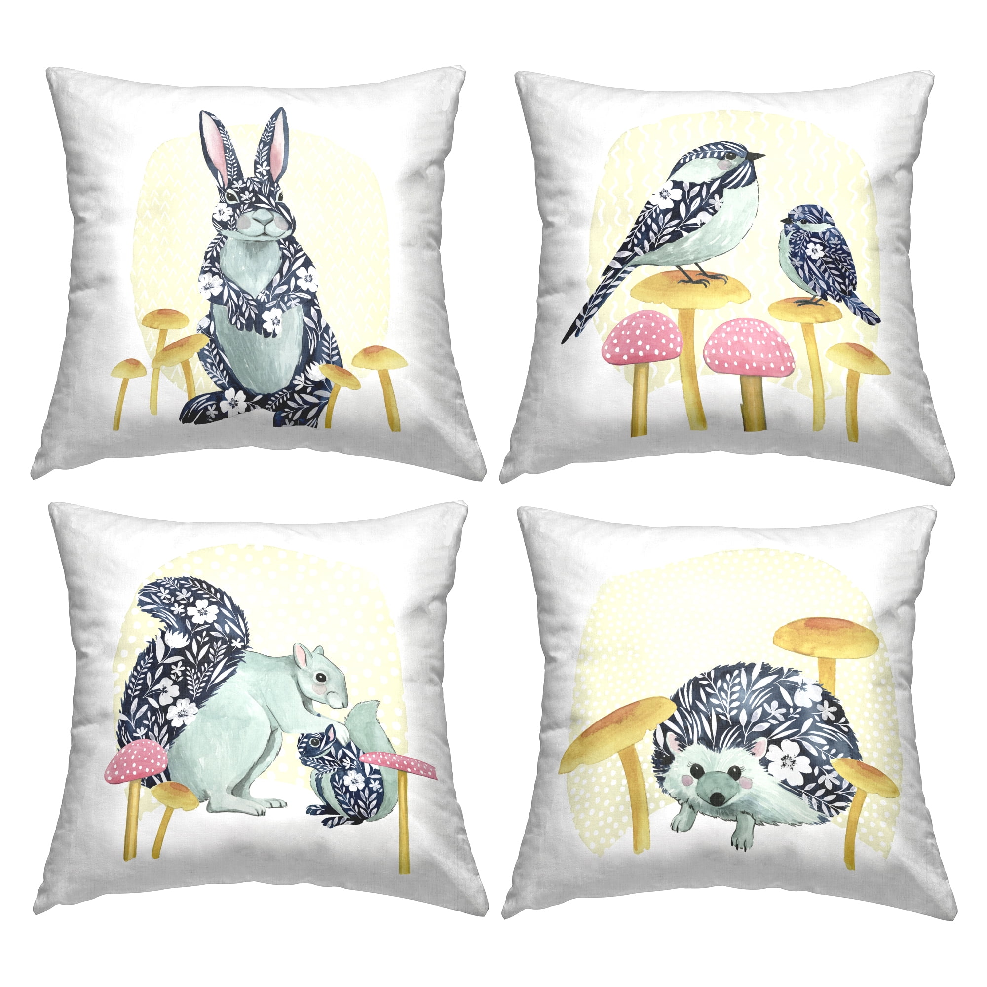 Stupell Industries Patterned Animals on Mushrooms Square Decorative Printed Throw Pillow, 18 x 18, Set of 4