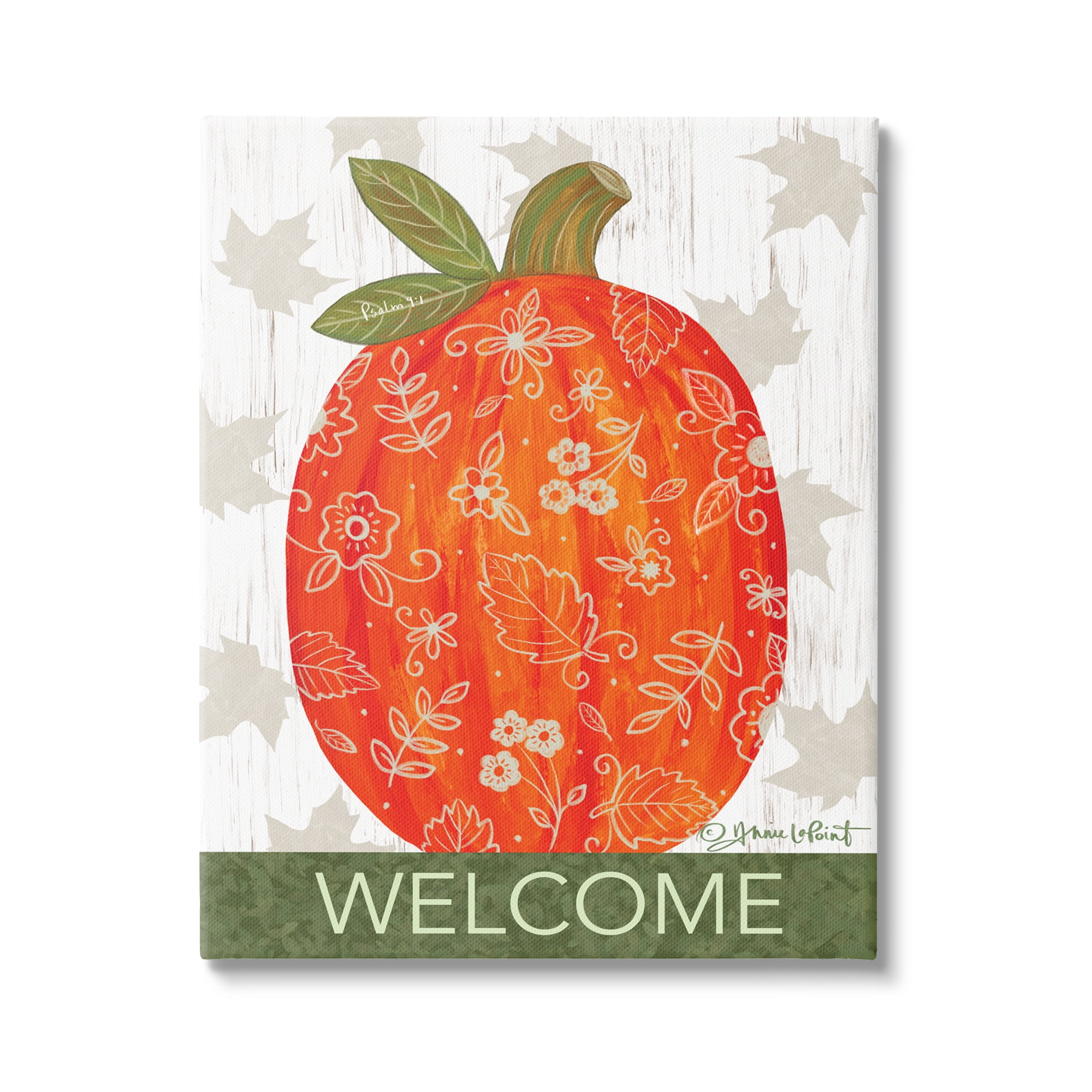 Stupell Industries Patterned Autumn Botanicals Pumpkin Welcome Sign Graphic Art Gallery Wrapped Canvas Print Wall Art, Design by Annie LaPoint
