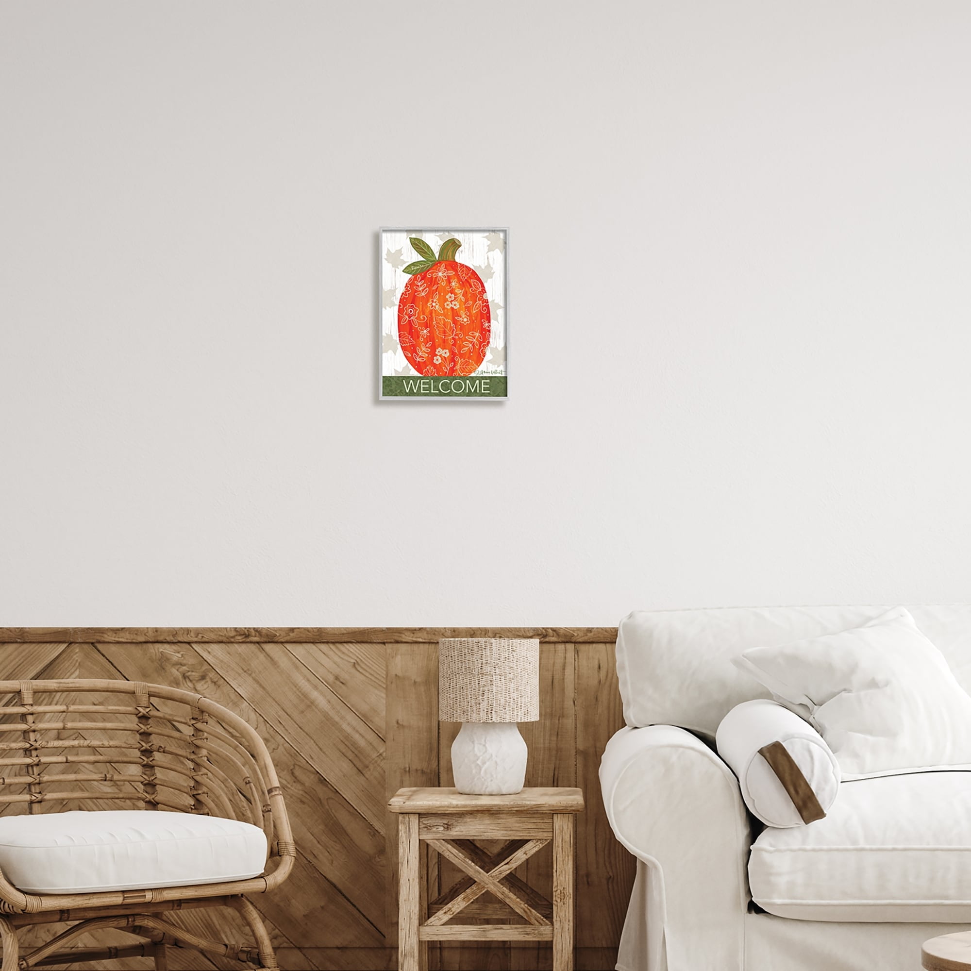 Stupell Industries Patterned Autumn Botanicals Pumpkin Welcome Sign Graphic Art Gray Framed Art Print Wall Art, Design by Annie LaPoint