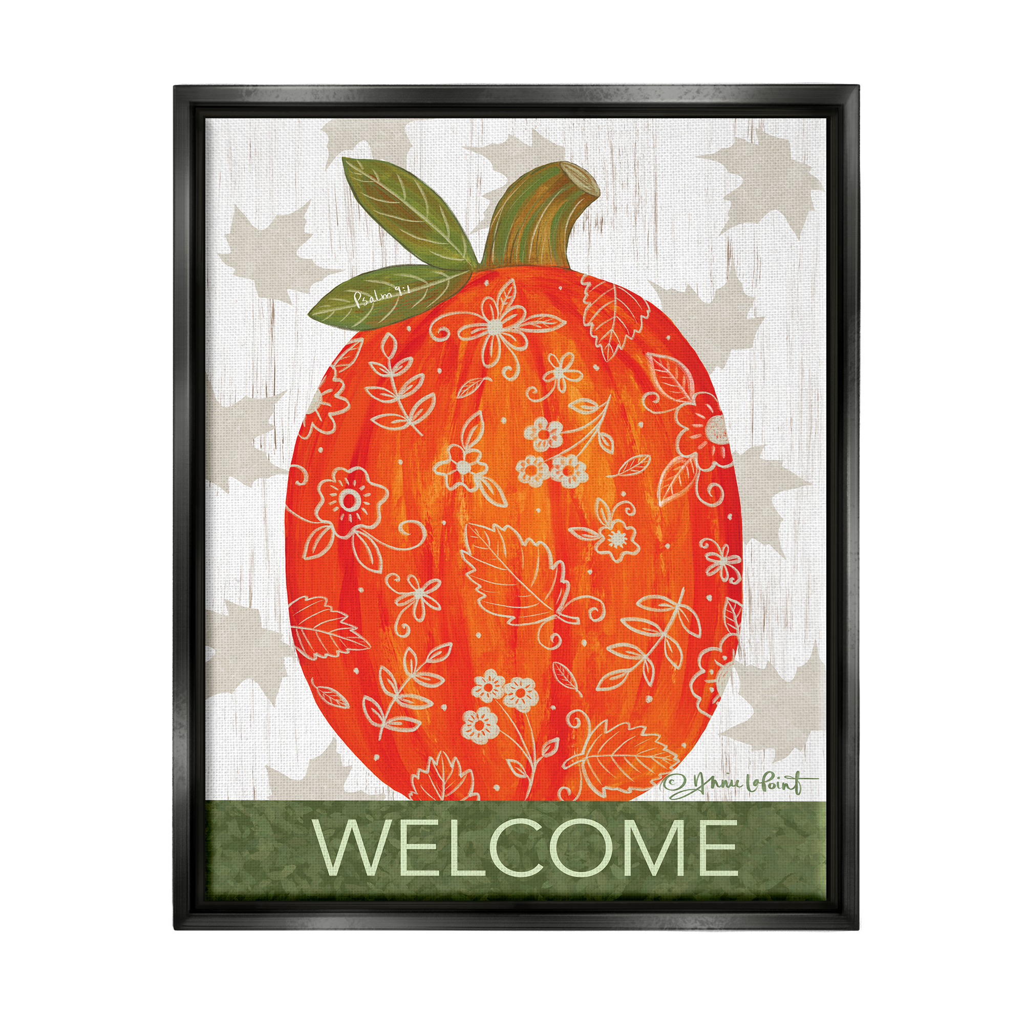 Stupell Industries Patterned Autumn Botanicals Pumpkin Welcome Sign Graphic Art Jet Black Floating Framed Canvas Print Wall Art, Design by Annie LaPoint