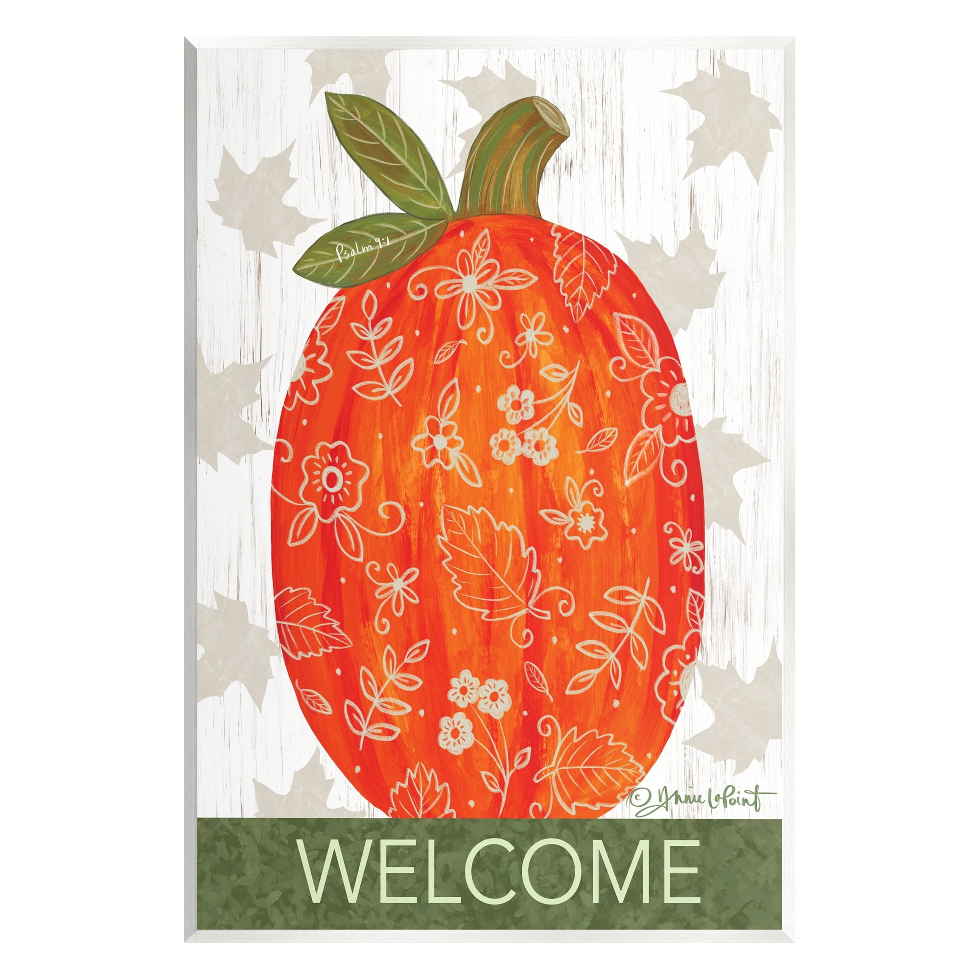 Stupell Industries Patterned Autumn Botanicals Pumpkin Welcome Sign Graphic Art Unframed Art Print Wall Art, Design by Annie LaPoint