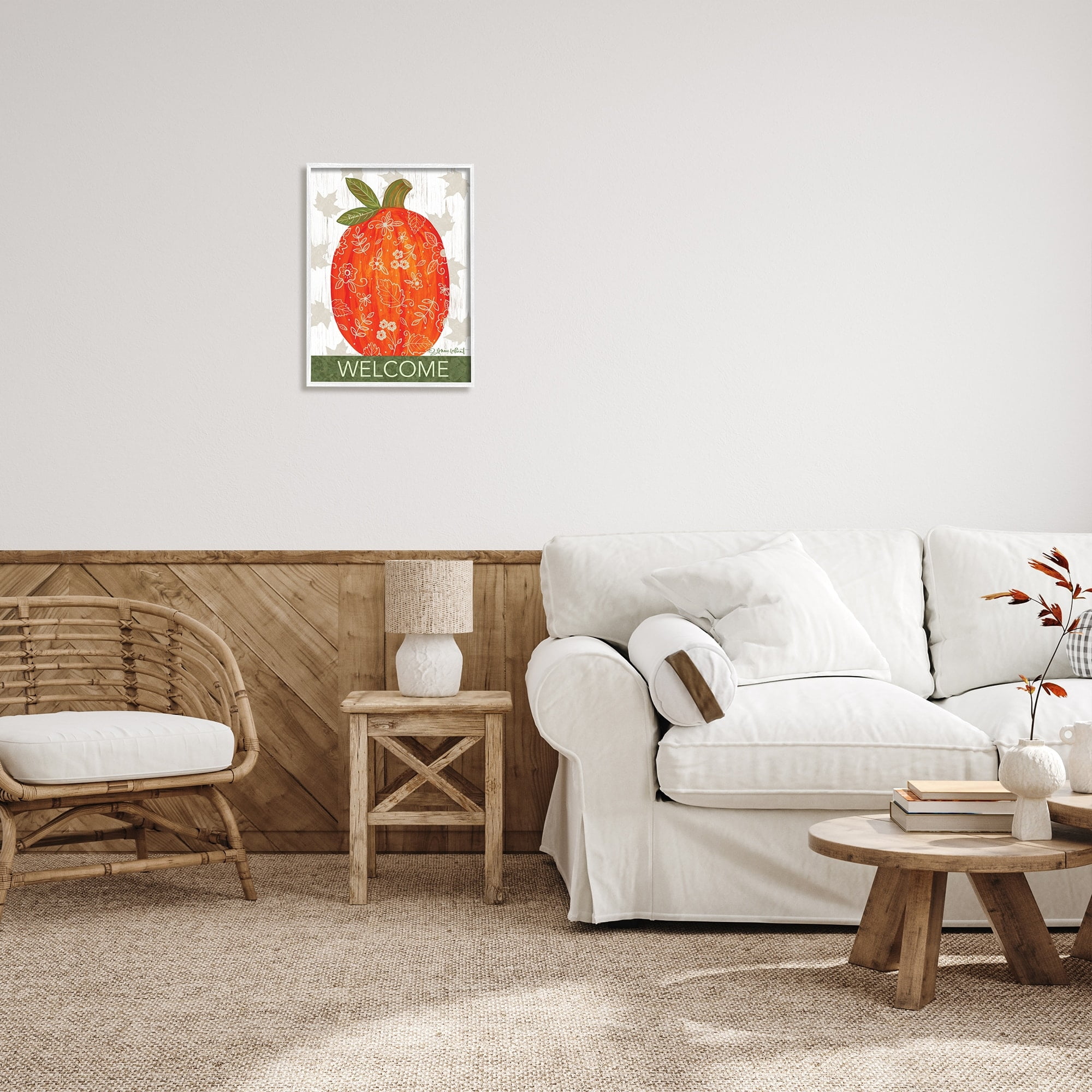Stupell Industries Patterned Autumn Botanicals Pumpkin Welcome Sign Graphic Art White Framed Art Print Wall Art, Design by Annie LaPoint