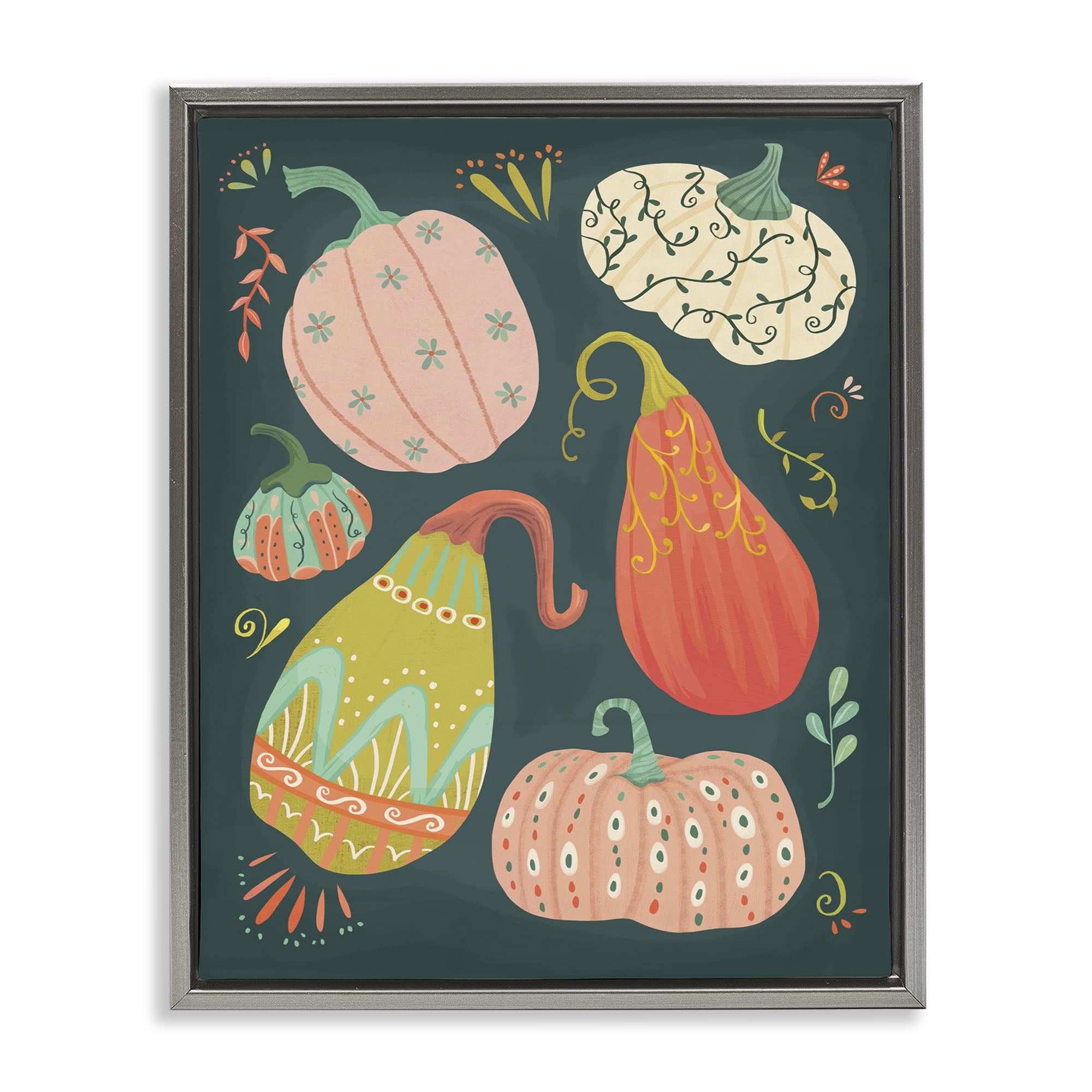 Stupell Industries Patterned Autumn Gourds Food & Beverage Painting Gray Floater Framed Canvas Art Print Wall Art, 17 x 21