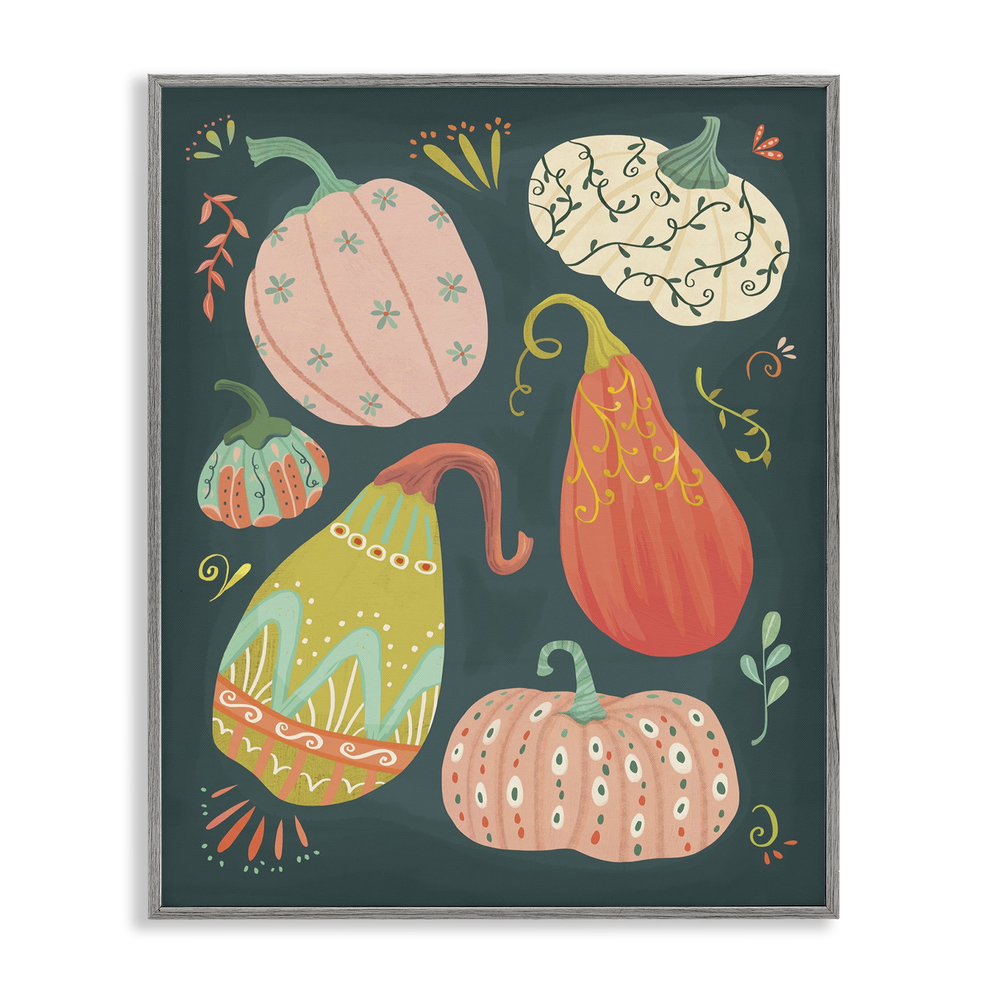 Stupell Industries Patterned Autumn Gourds Food & Beverage Painting Gray Framed Art Print Wall Art, 11 x 14