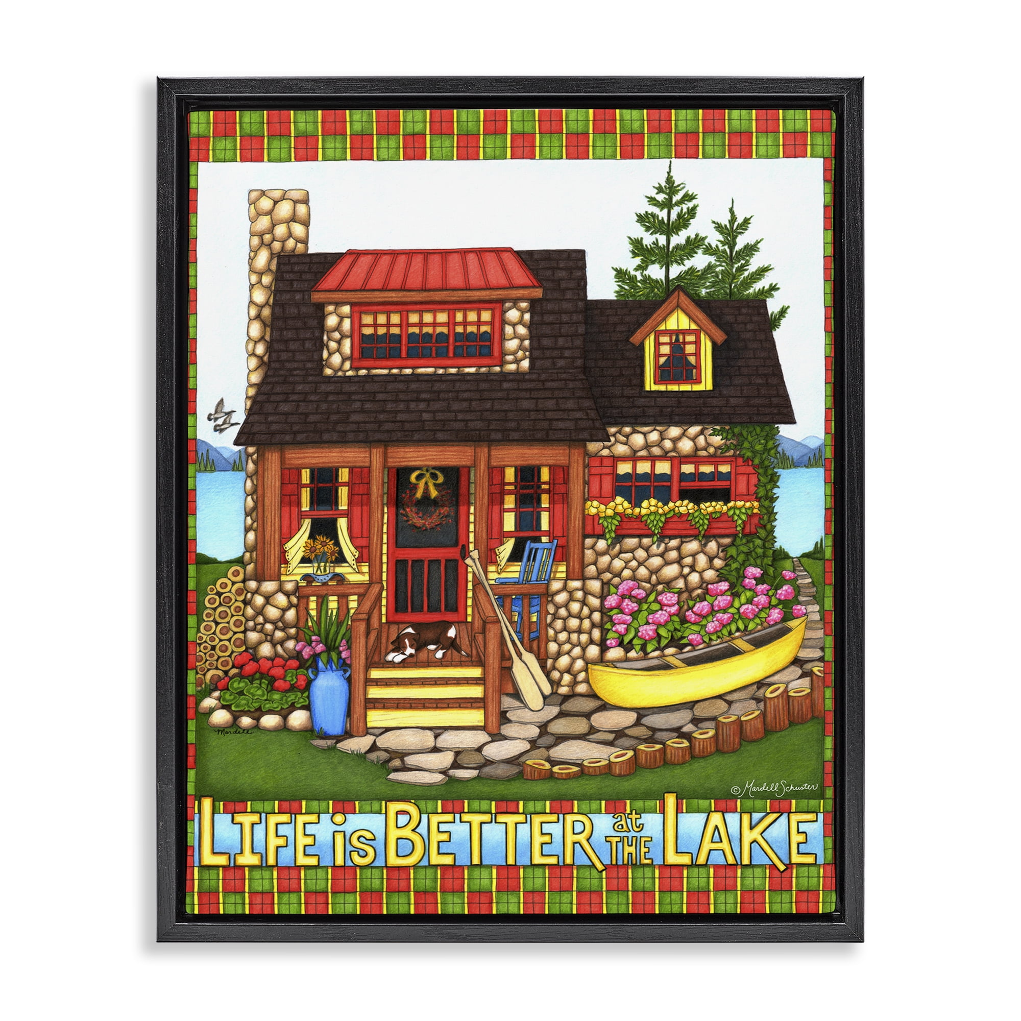 Stupell Industries Patterned Better At Lake Landscape & Nature Painting Black Floater Framed Canvas Art Print Wall Art, 17 x 21