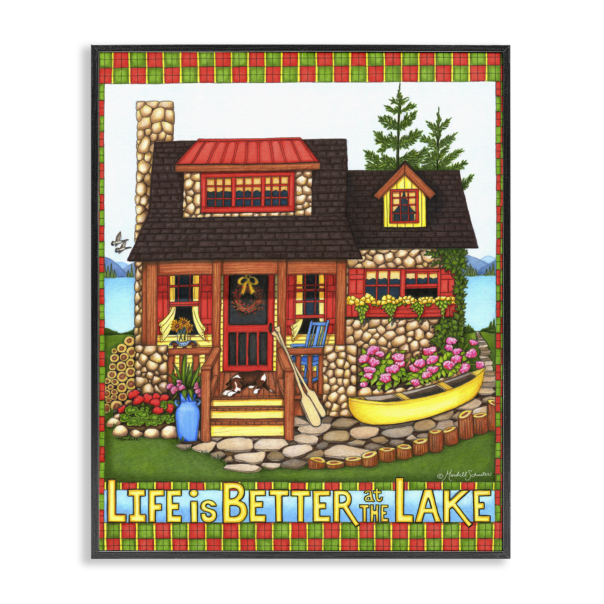 Stupell Industries Patterned Better At Lake Landscape & Nature Painting Black Framed Art Print Wall Art, 24 x 30