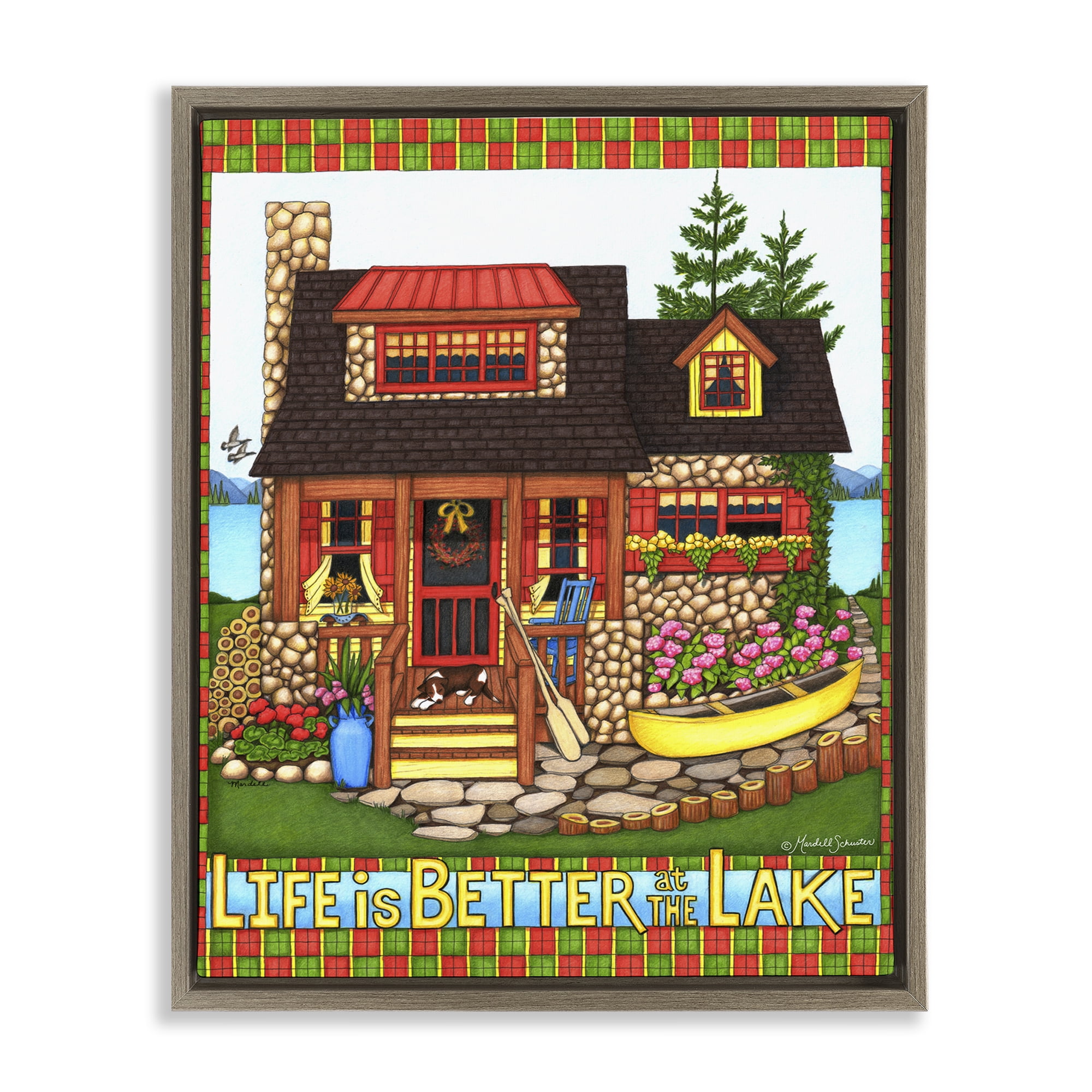 Stupell Industries Patterned Better At Lake Landscape & Nature Painting Brown Floater Framed Canvas Art Print Wall Art, 17 x 21