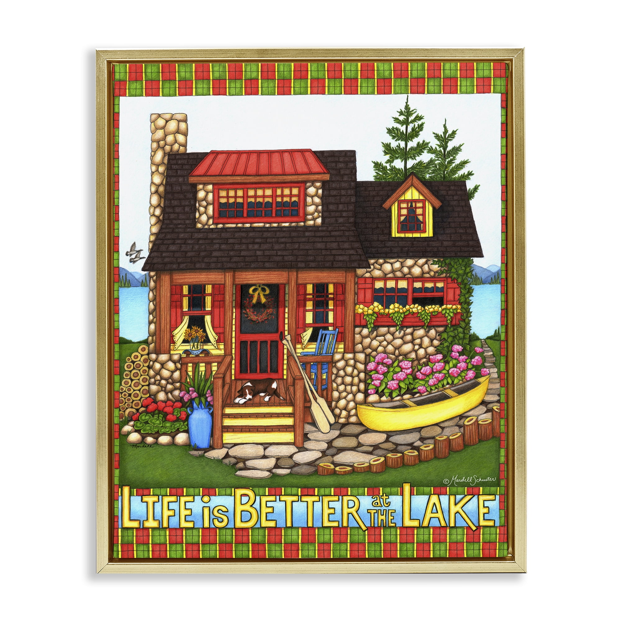 Stupell Industries Patterned Better At Lake Landscape & Nature Painting Gold Floater Framed Canvas Art Print Wall Art, 25 x 31