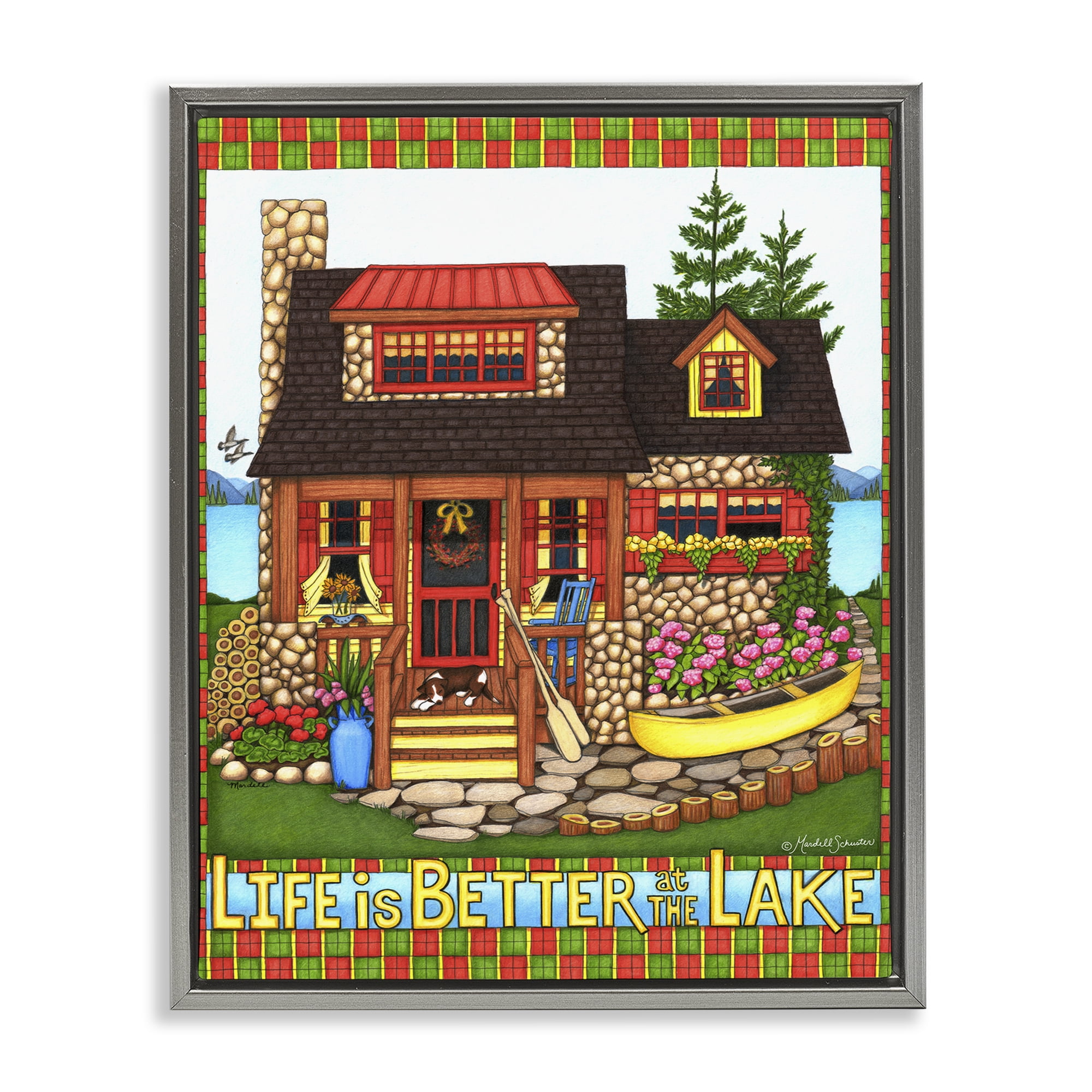 Stupell Industries Patterned Better At Lake Landscape & Nature Painting Gray Floater Framed Canvas Art Print Wall Art, 25 x 31