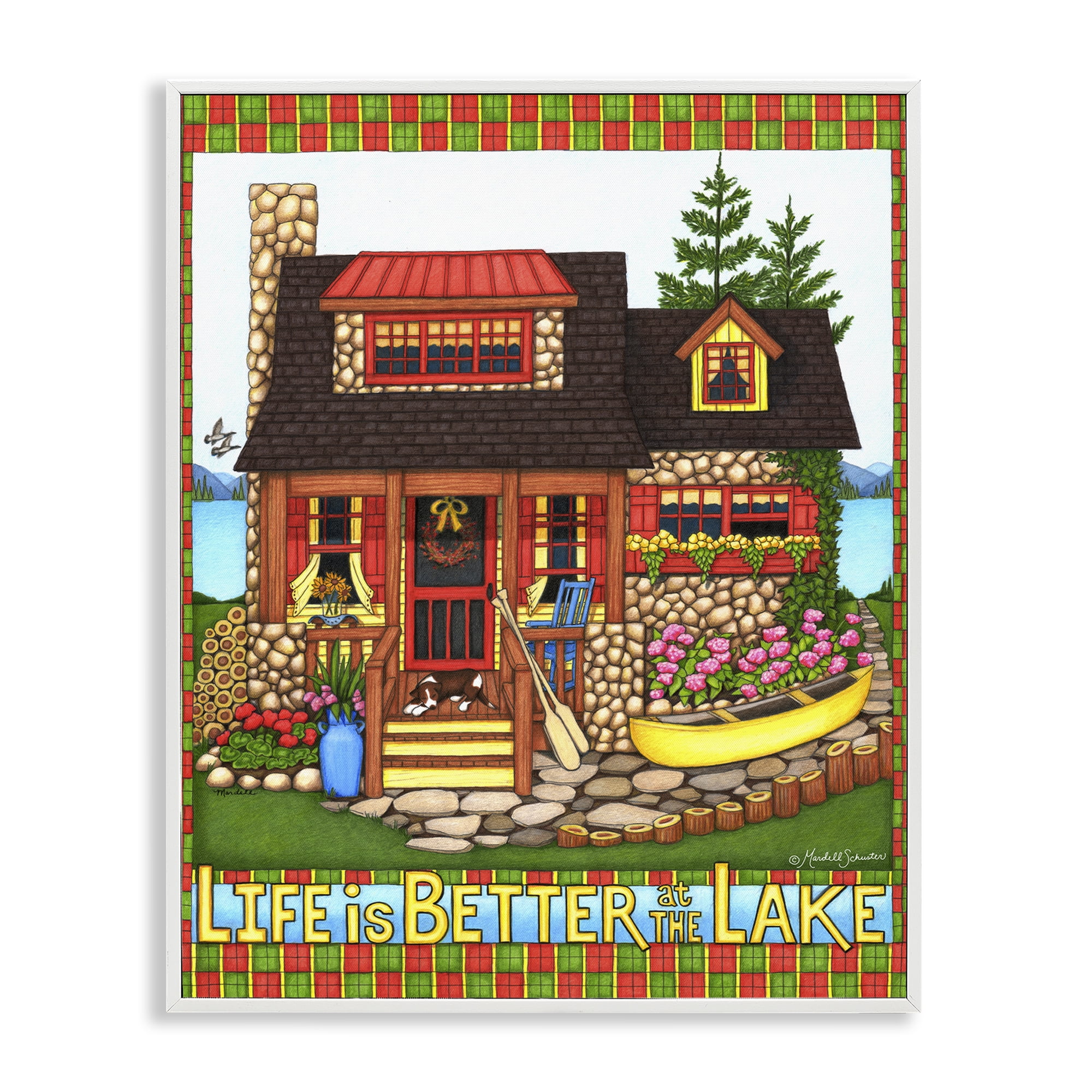 Stupell Industries Patterned Better At Lake Landscape & Nature Painting White Framed Art Print Wall Art, 16 x 20