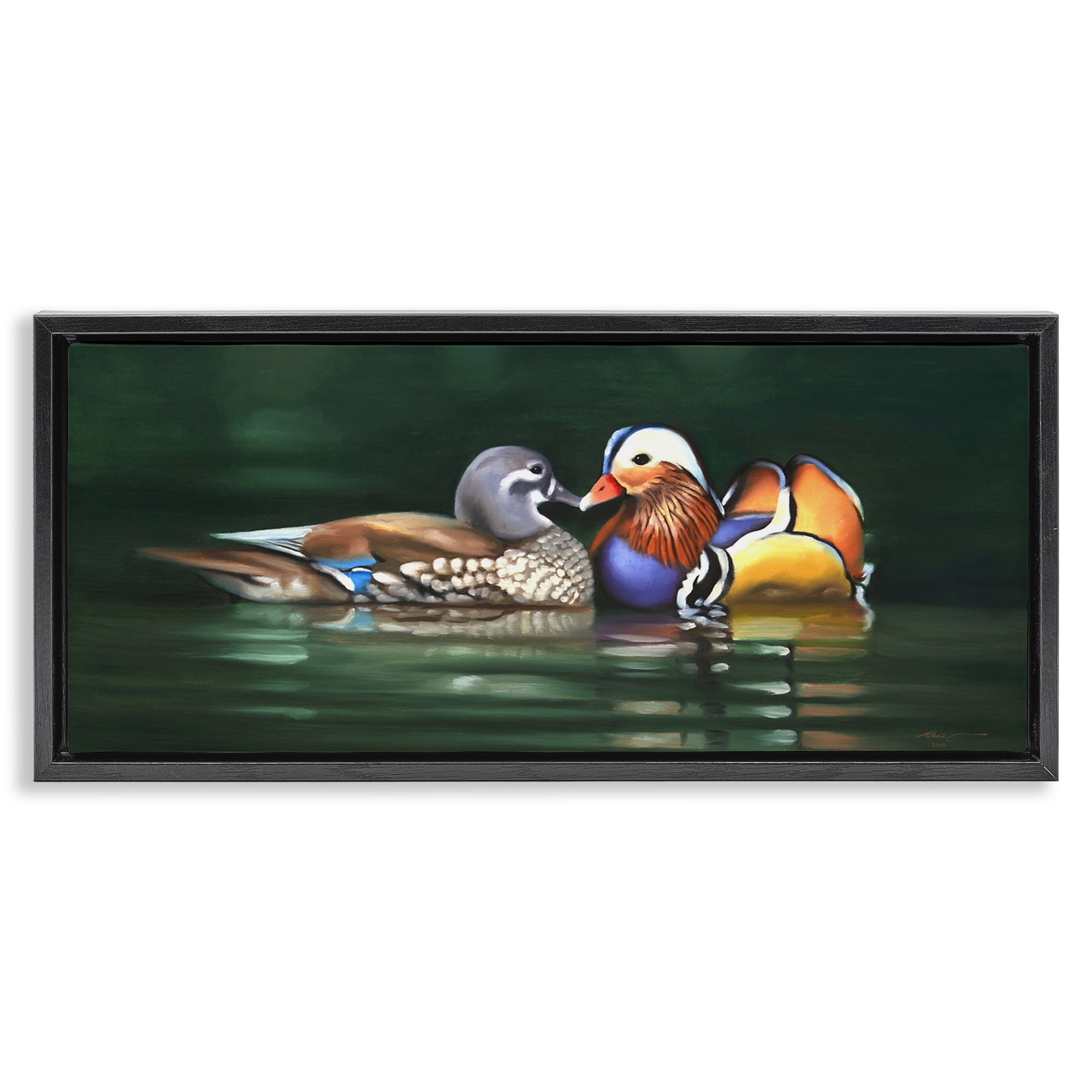 Stupell Industries Patterned Birds in Lake Animals & Insects Painting Black Floater Framed Canvas Art Print Wall Art, 31 x 14