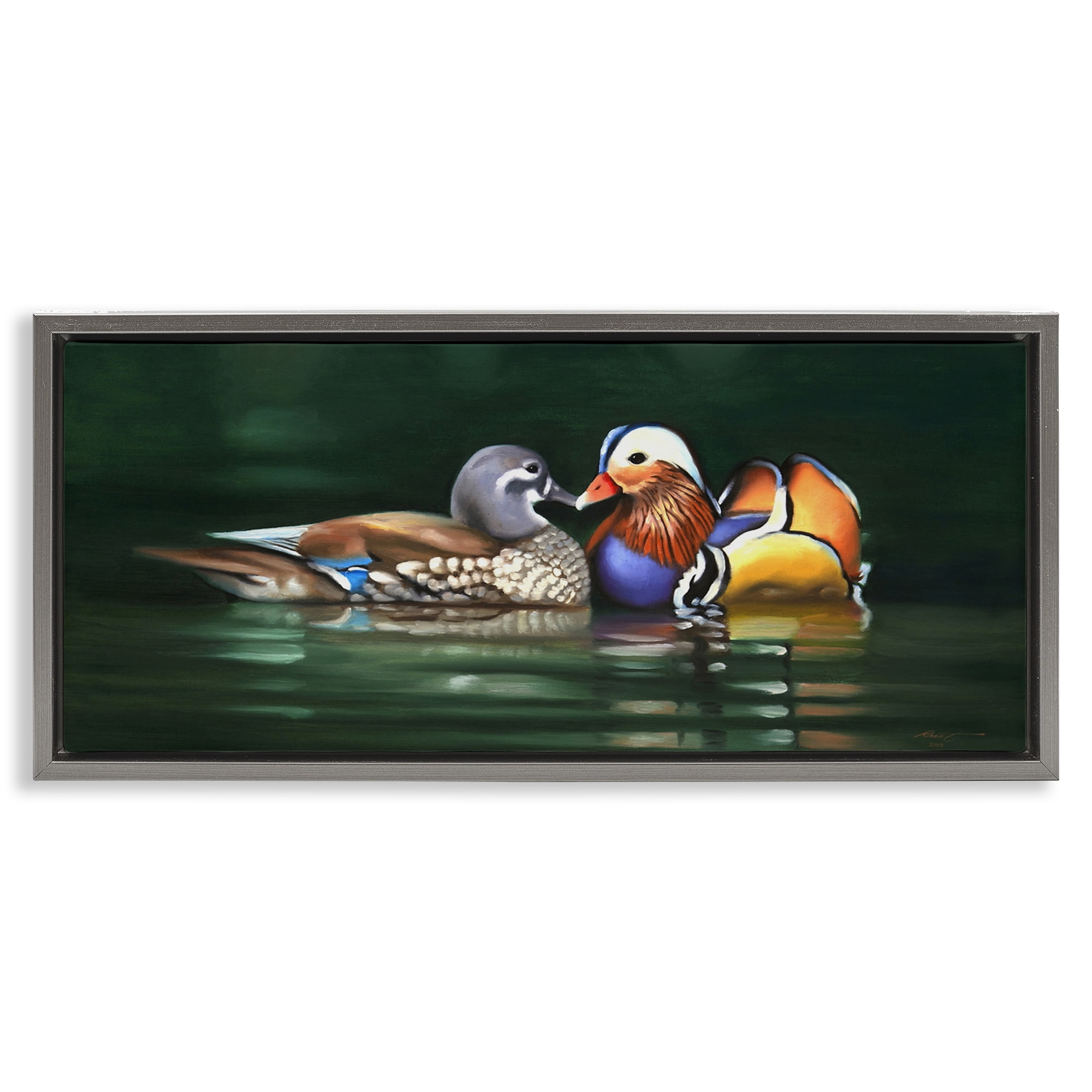 Stupell Industries Patterned Birds in Lake Animals & Insects Painting Gray Floater Framed Canvas Art Print Wall Art, 31 x 14