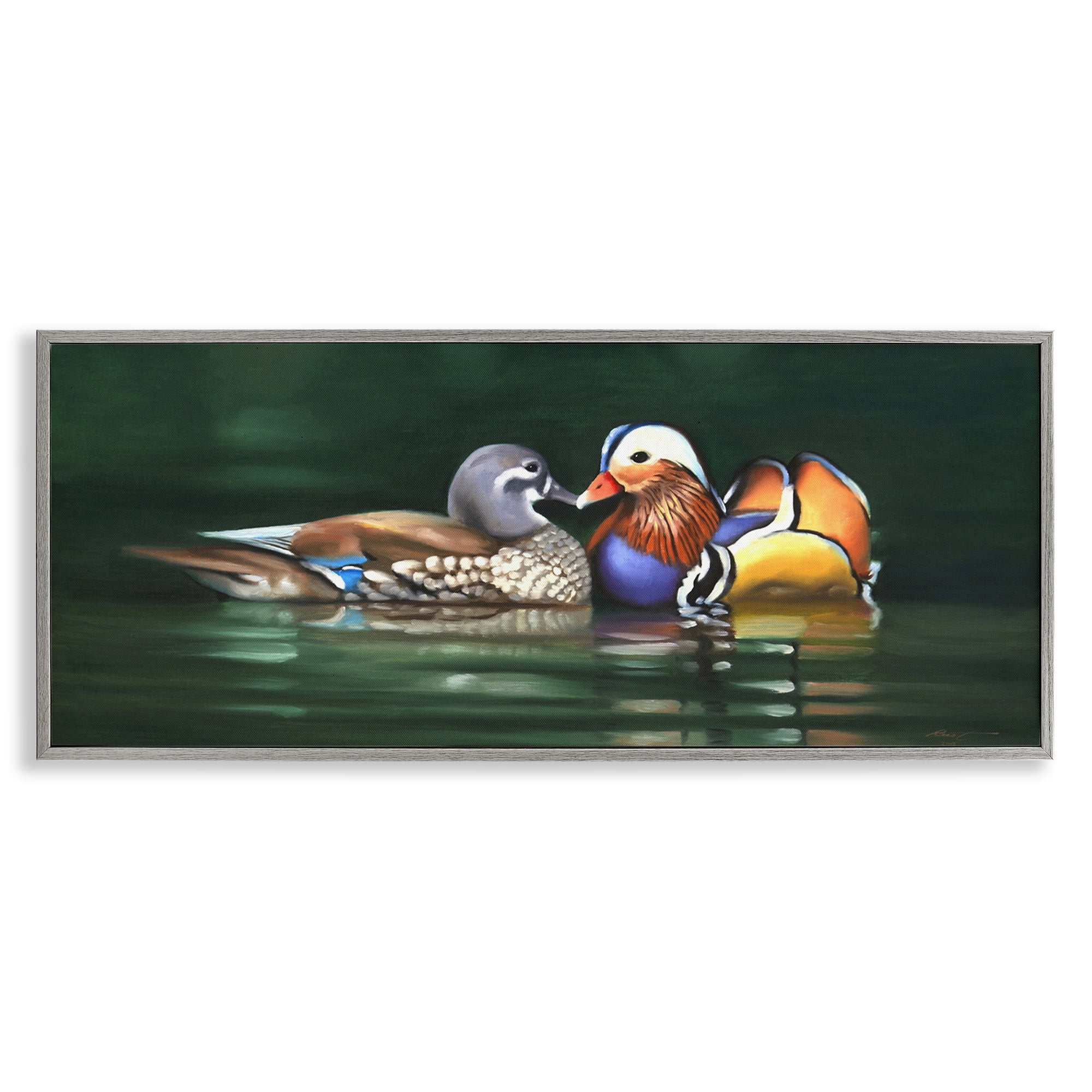 Stupell Industries Patterned Birds in Lake Animals & Insects Painting Gray Framed Art Print Wall Art, 30 x 13