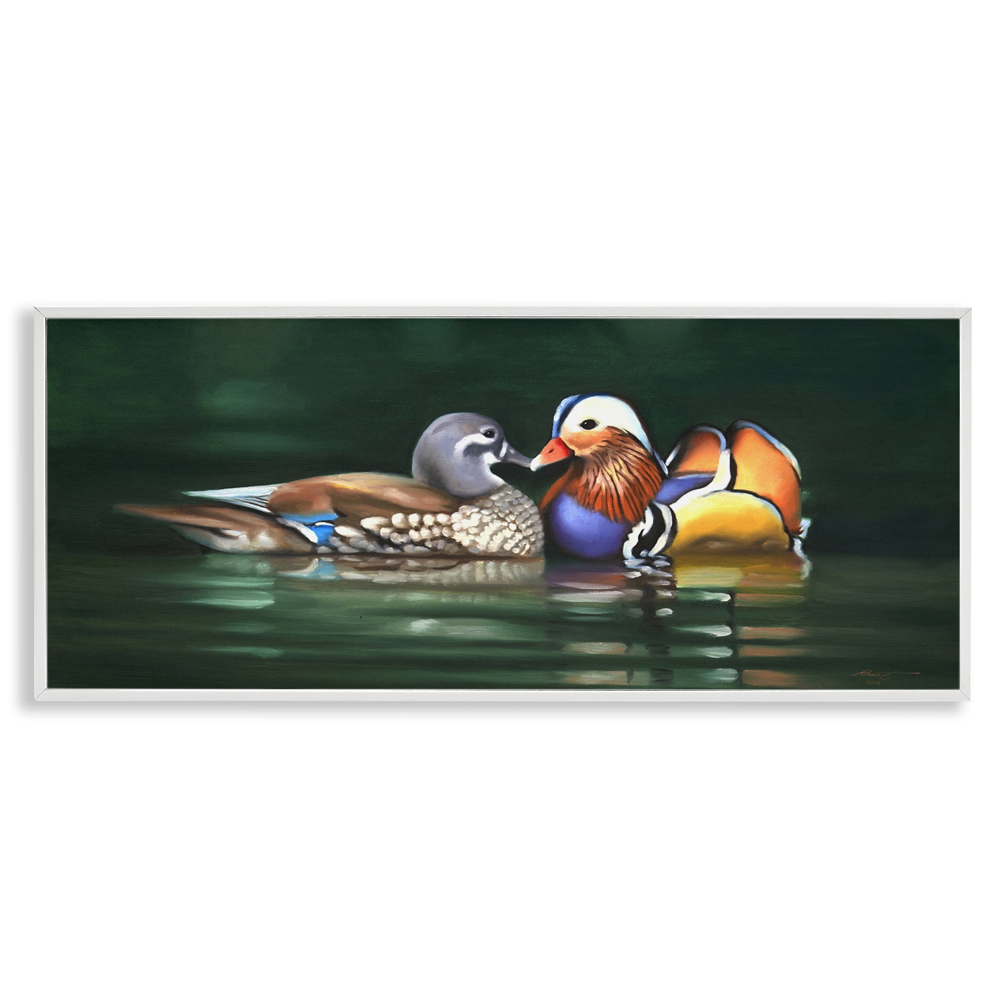 Stupell Industries Patterned Birds in Lake Animals & Insects Painting White Framed Art Print Wall Art, 30 x 13