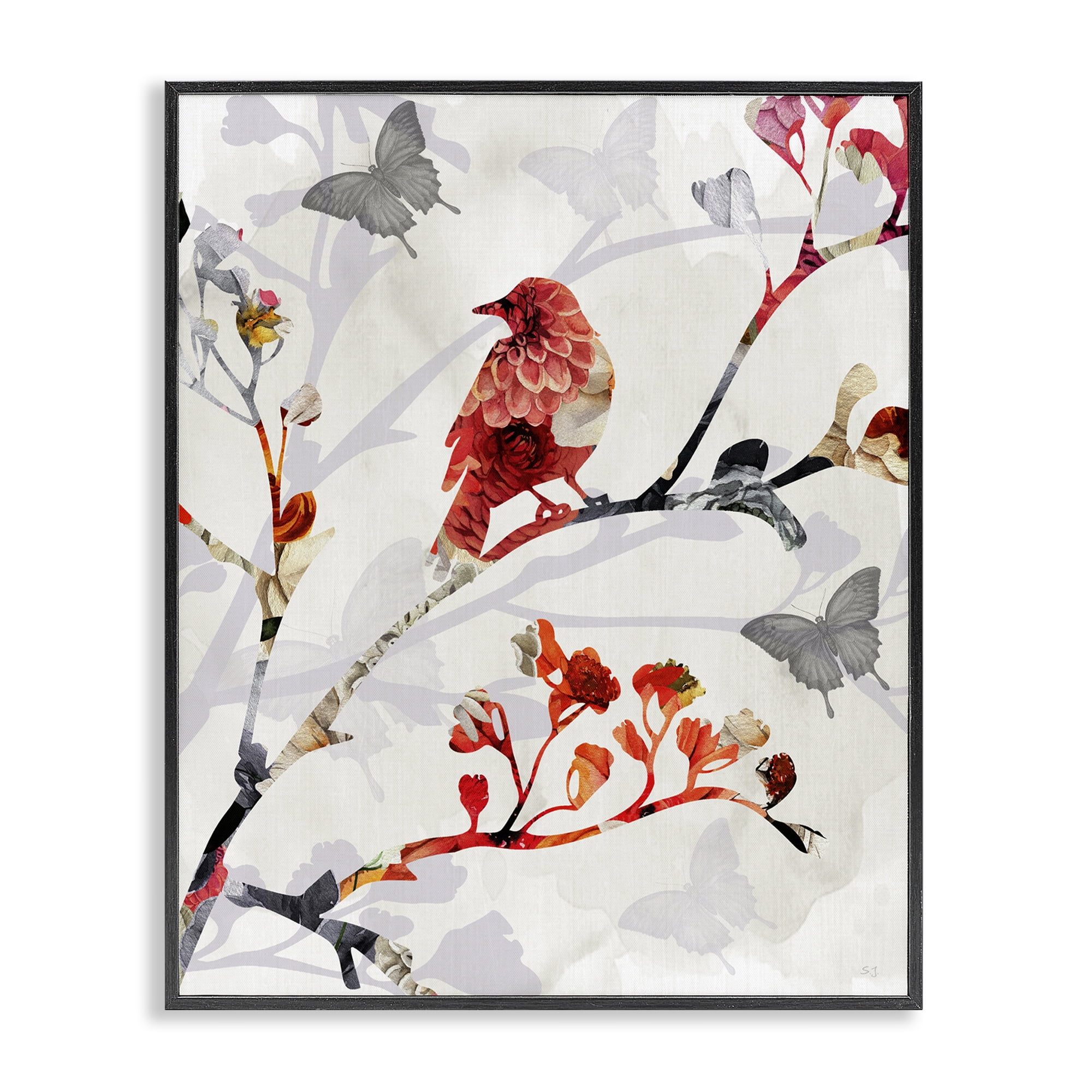 Stupell Industries Patterned Birds on Branches Landscape & Nature Painting Black Framed Art Print Wall Art, 16 x 20