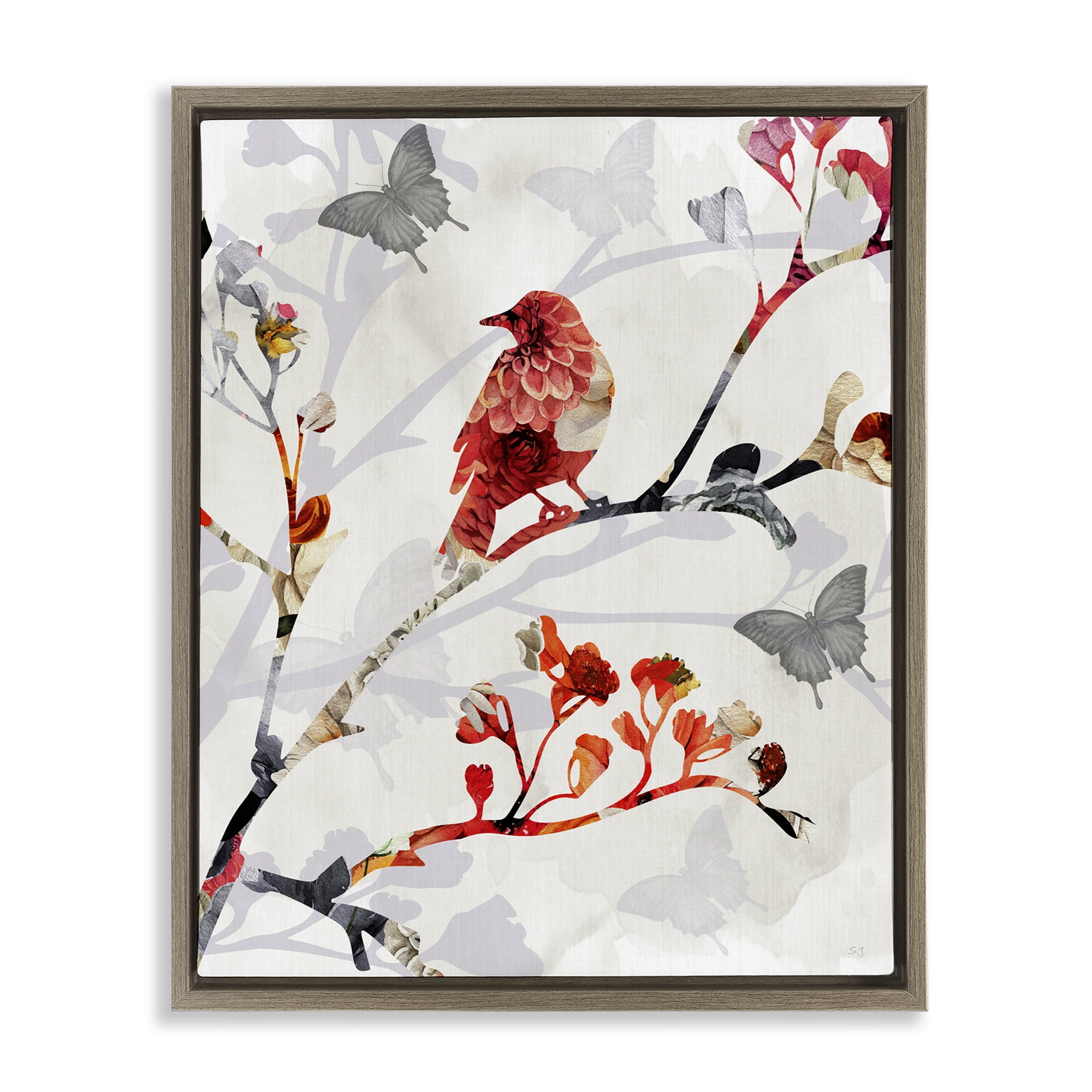 Stupell Industries Patterned Birds on Branches Landscape & Nature Painting Brown Floater Framed Canvas Art Print Wall Art, 25 x 31