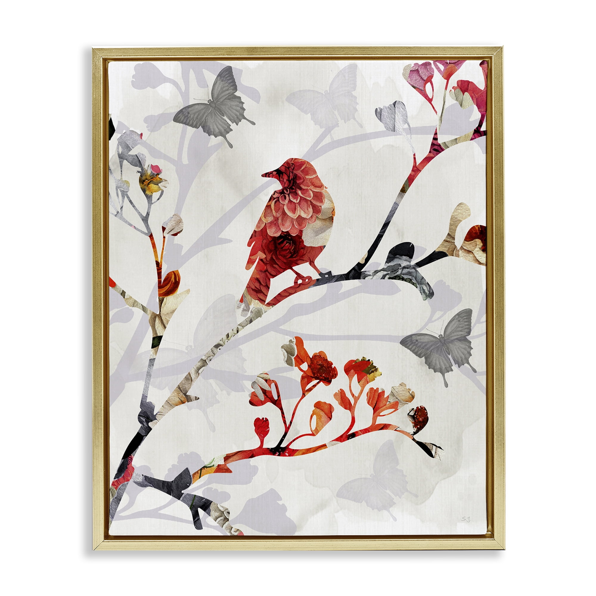 Stupell Industries Patterned Birds on Branches Landscape & Nature Painting Gold Floater Framed Canvas Art Print Wall Art, 17 x 21