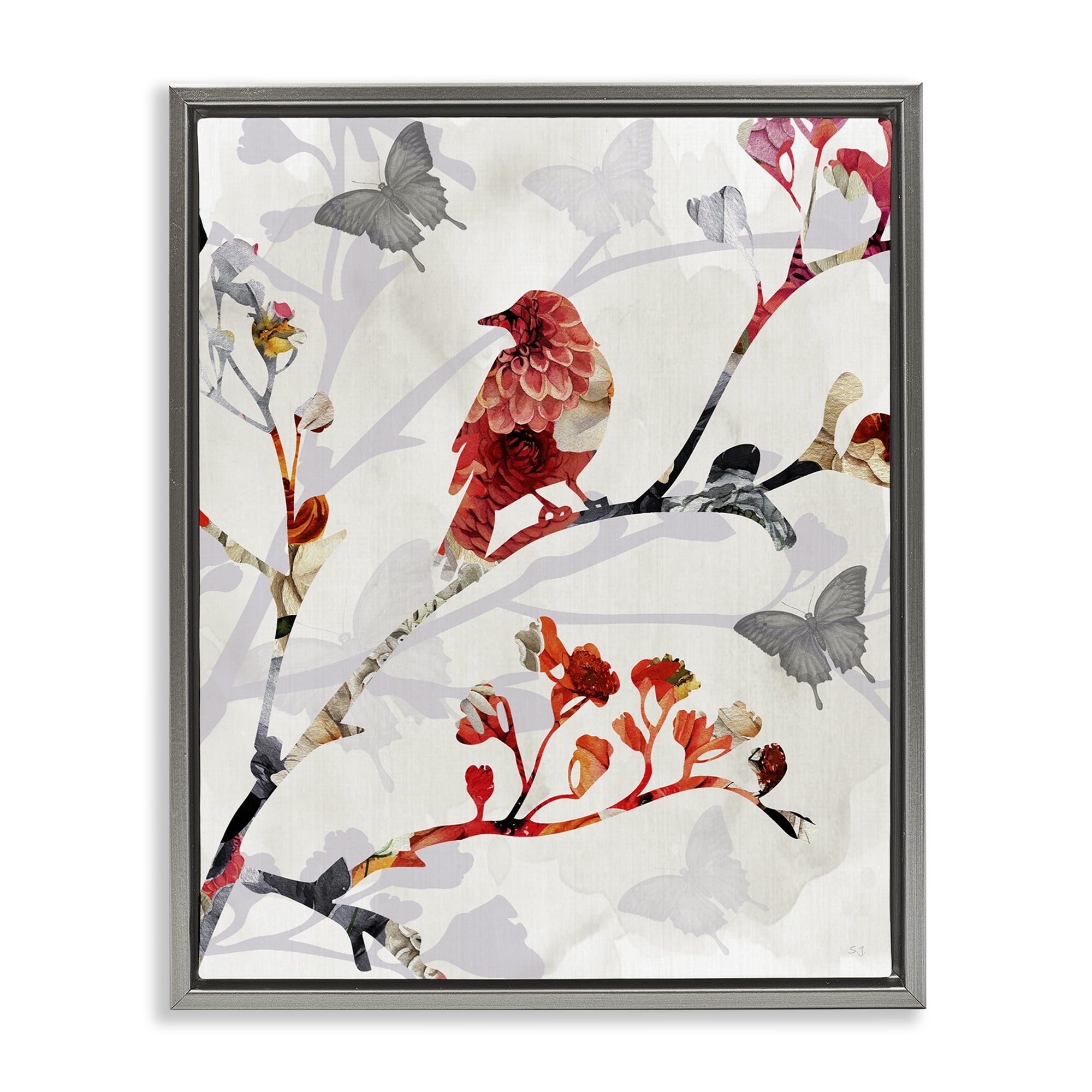 Stupell Industries Patterned Birds on Branches Landscape & Nature Painting Gray Floater Framed Canvas Art Print Wall Art, 17 x 21