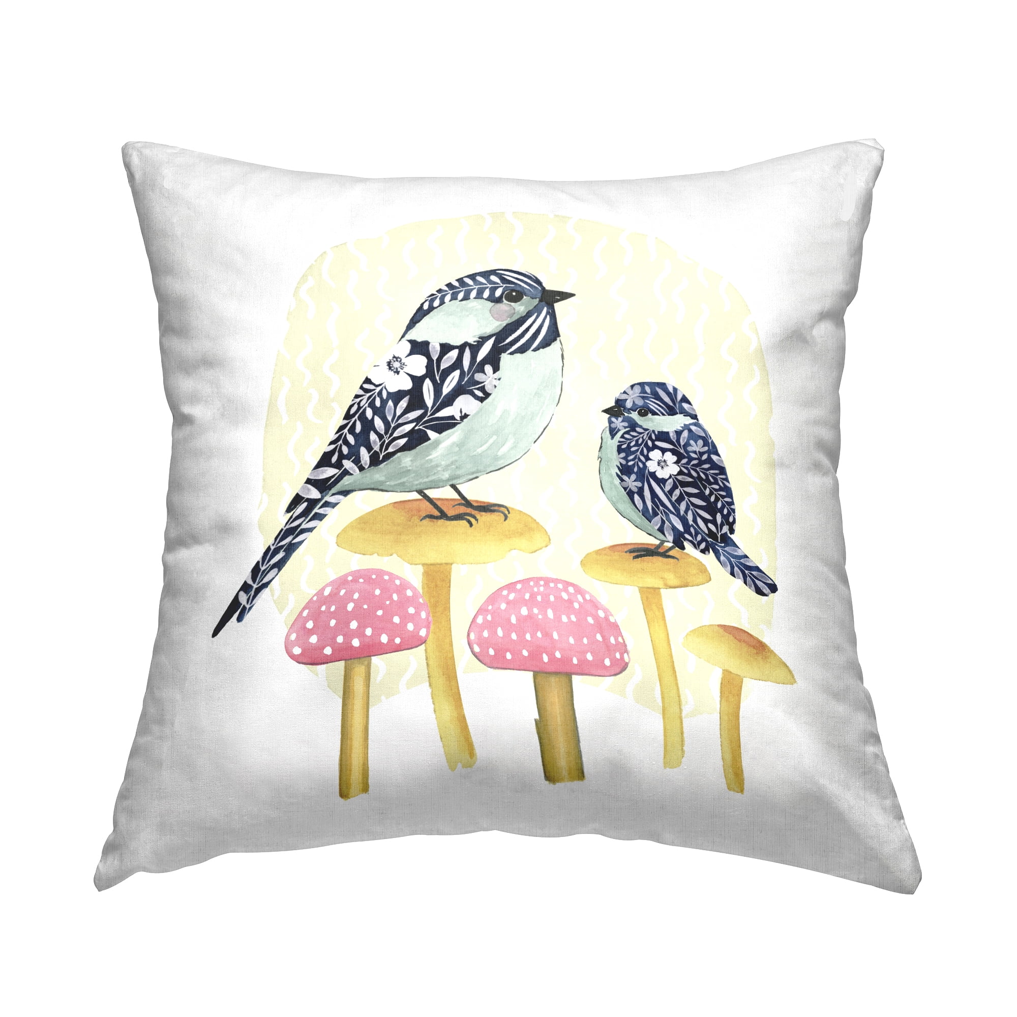 Stupell Industries Patterned Birds on Mushroom Square Decorative Printed Throw Pillow, 18 x 18,