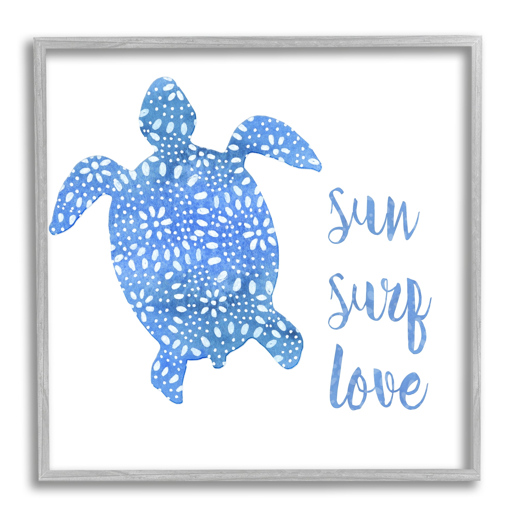 Stupell Industries Patterned Blue Sea Turtle Beach Phrase Calligraphy Painting Gray Framed Art Print Wall Art, Design by Jackie Decker