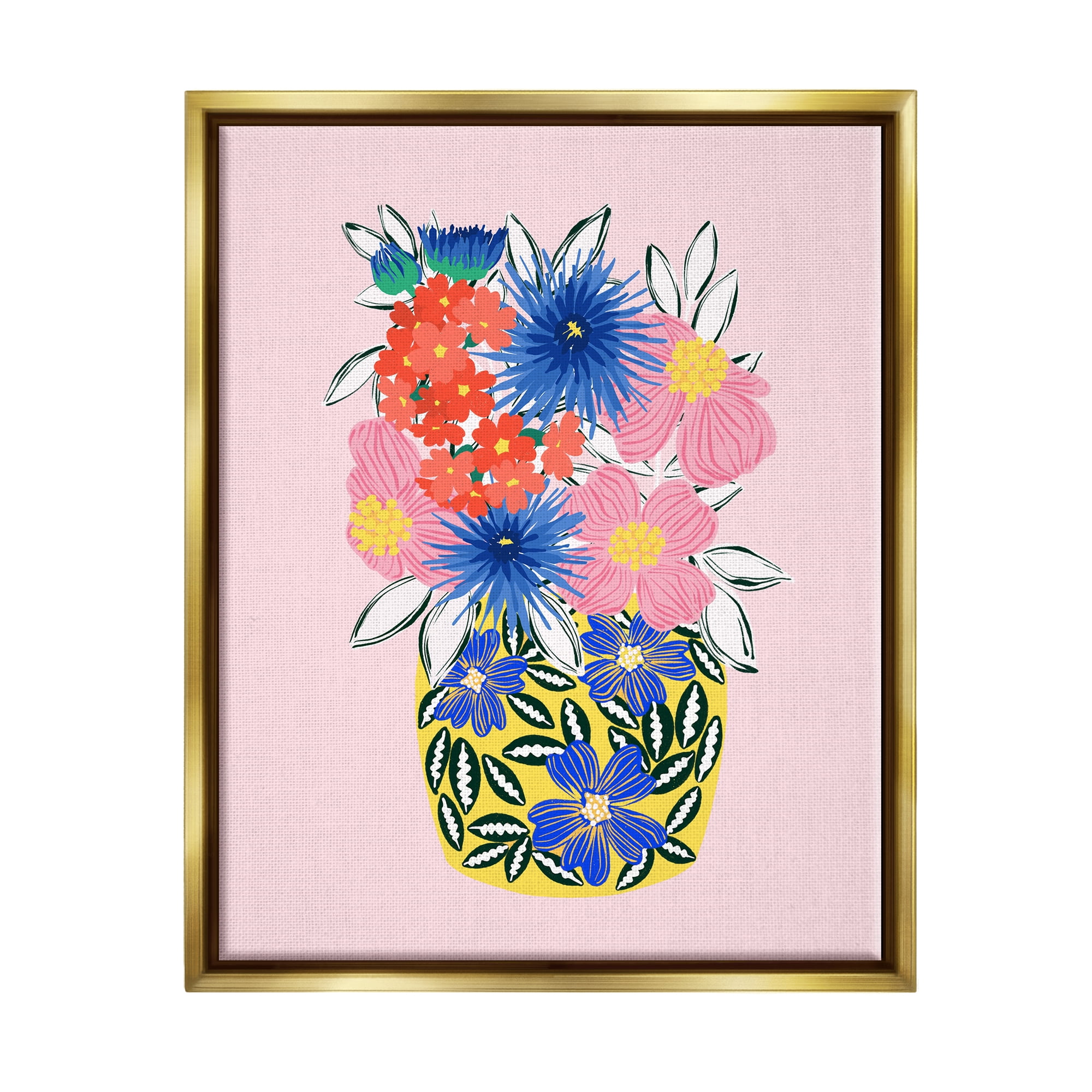 Stupell Industries Patterned Bouquet Vase Botanical & Floral Painting Gold Floater Framed Canvas Art Print Wall Art, 25 x 31