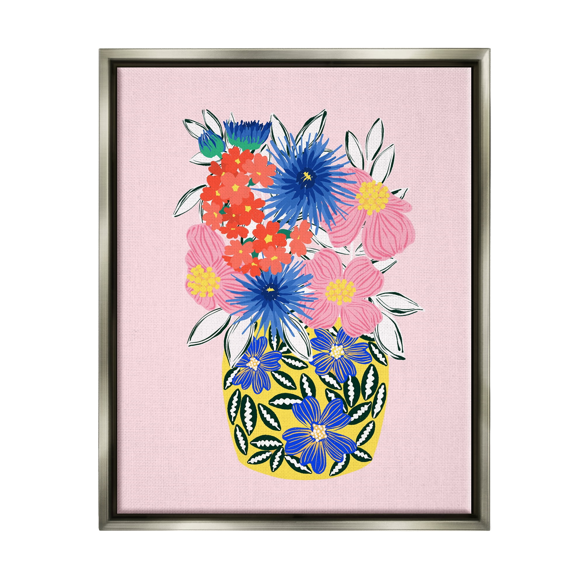 Stupell Industries Patterned Bouquet Vase Botanical & Floral Painting Gray Floater Framed Canvas Art Print Wall Art, 17 x 21