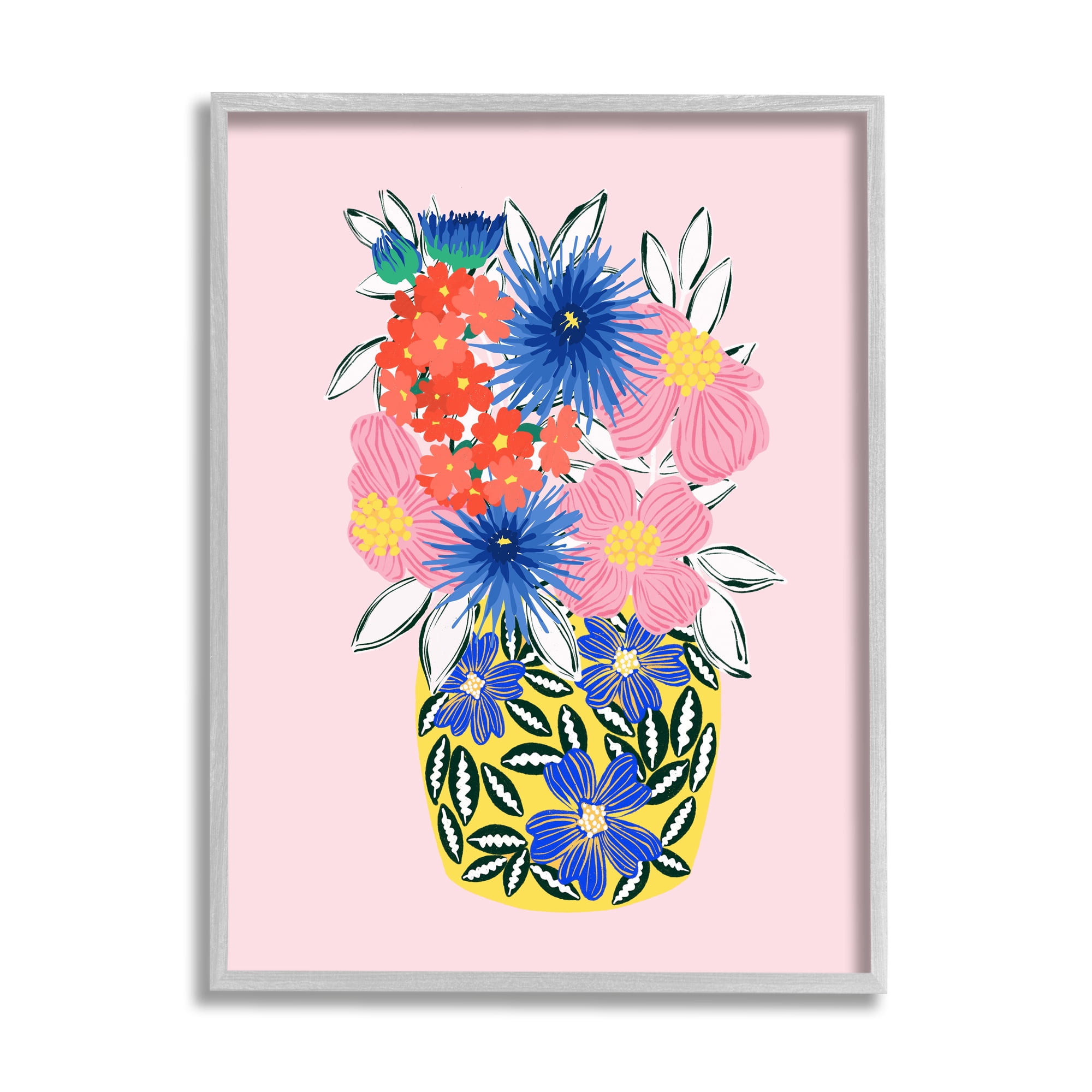 Stupell Industries Patterned Bouquet Vase Botanical & Floral Painting Gray Framed Art Print Wall Art, 11 x 14