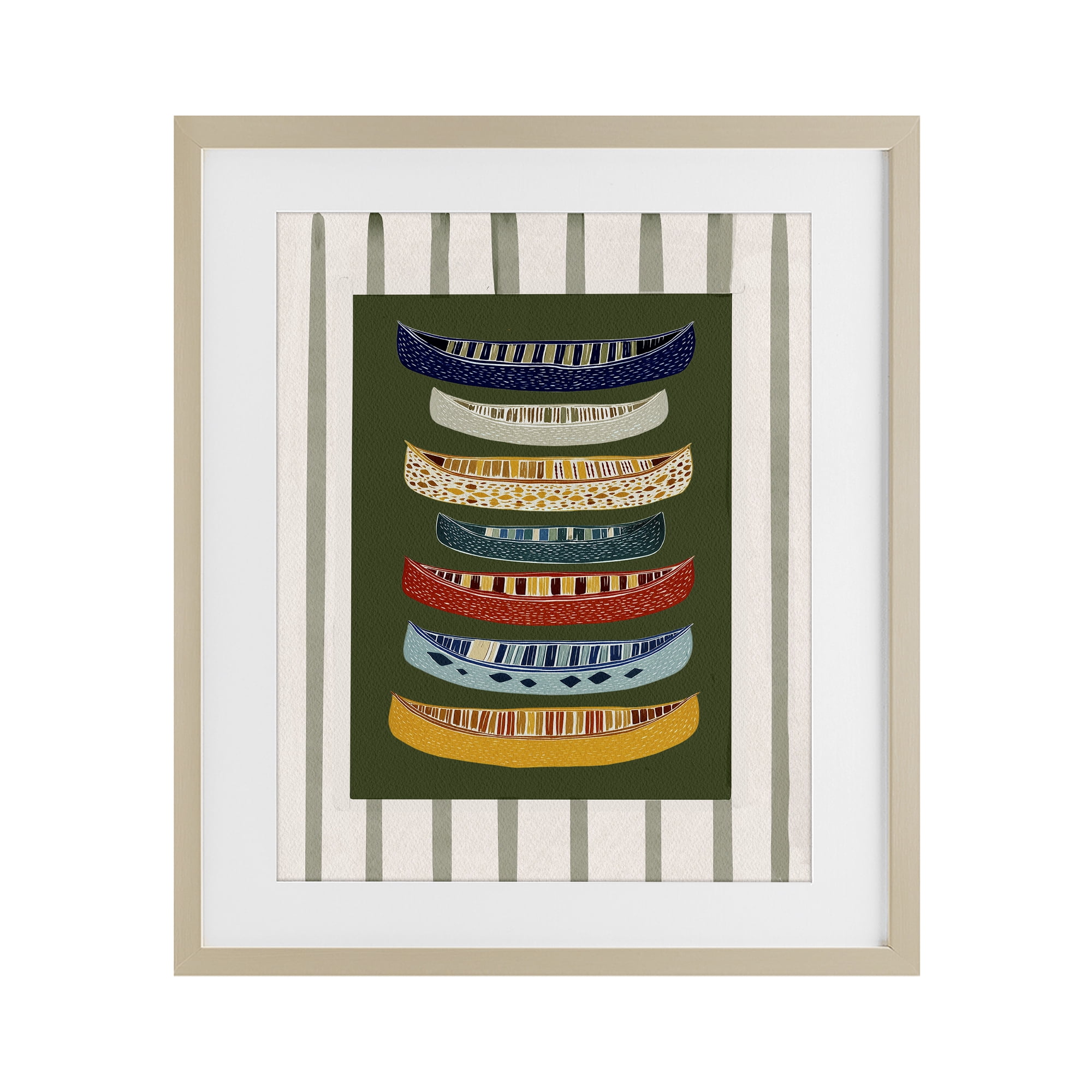 Stupell Industries Patterned Canoes over Stripes Birch Framed Print Under Glass, design by Yen