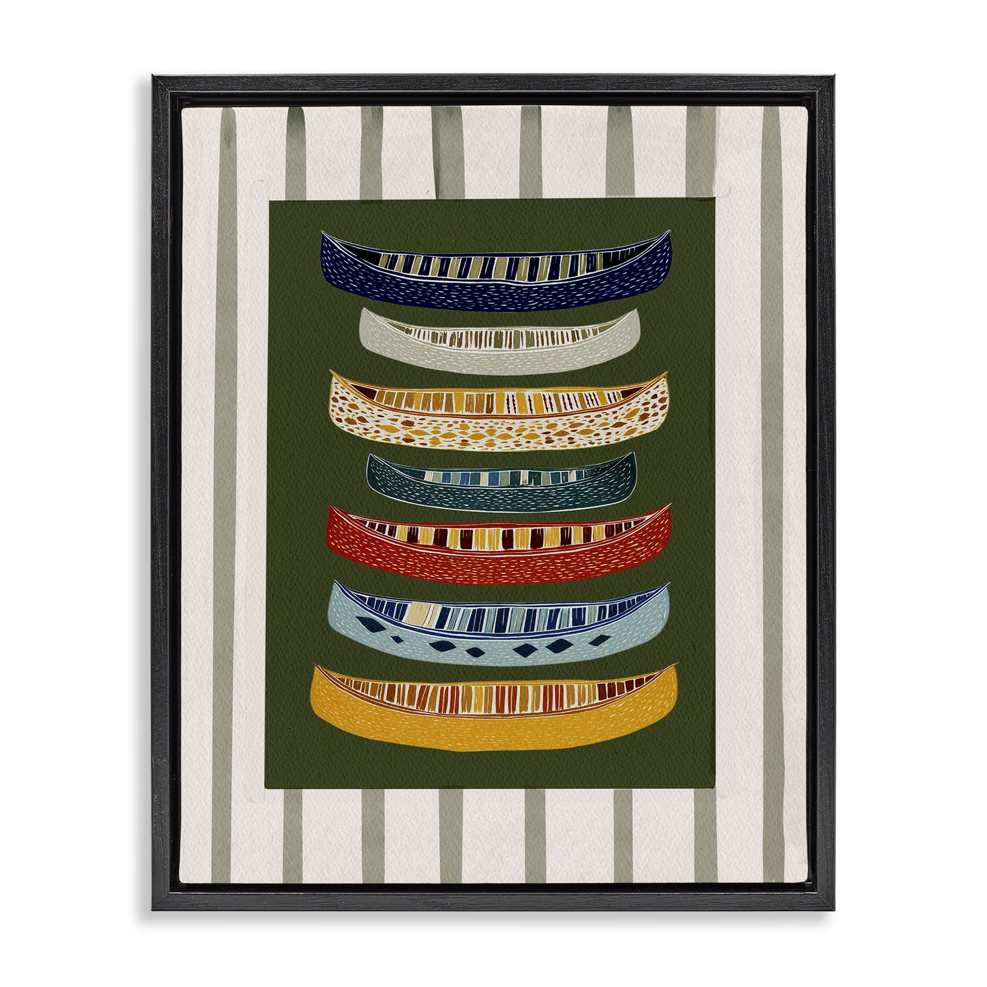 Stupell Industries Patterned Canoes over Stripes Black Framed Floater Canvas Wall Art, design by Yen