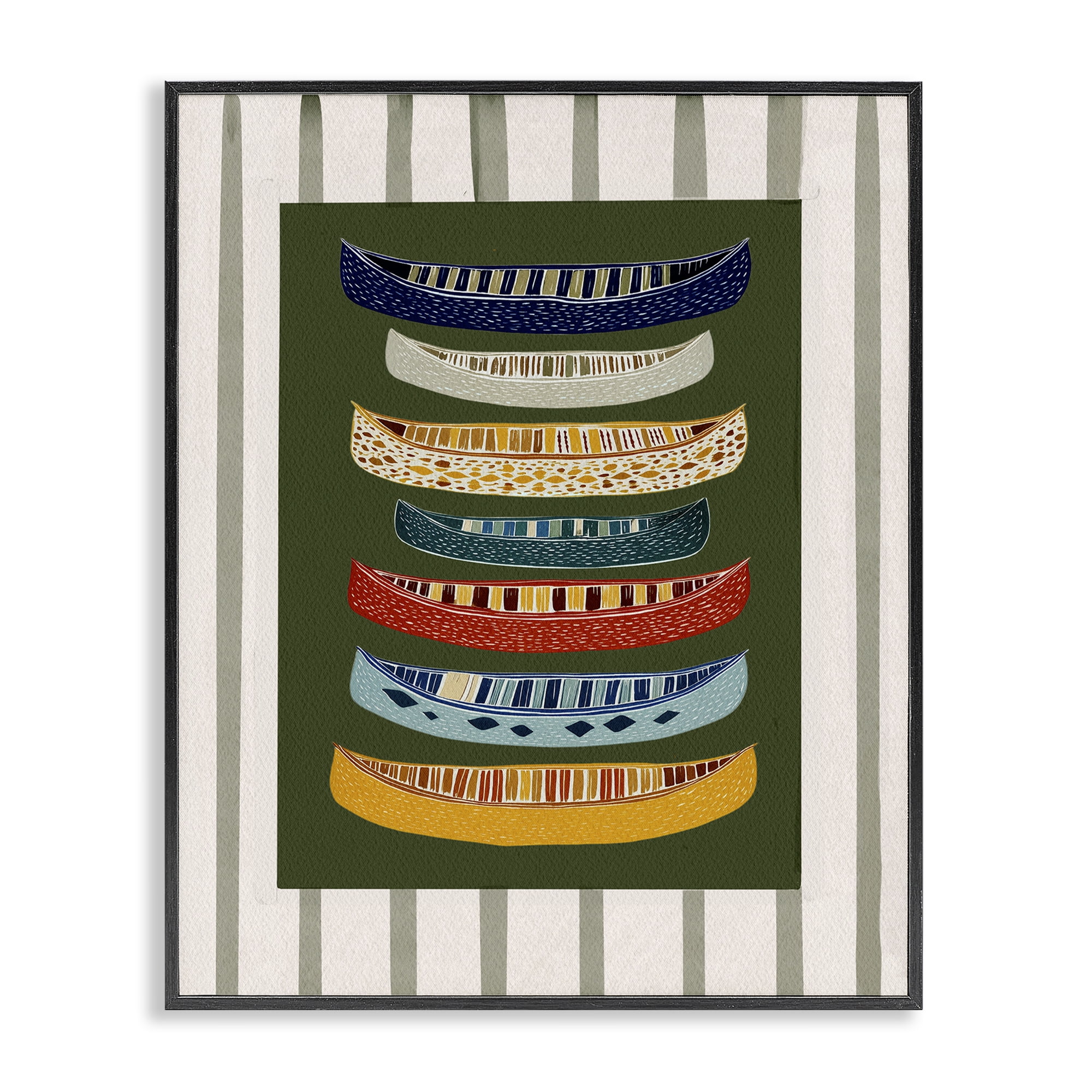 Stupell Industries Patterned Canoes over Stripes Black Framed Giclee Art, design by Yen