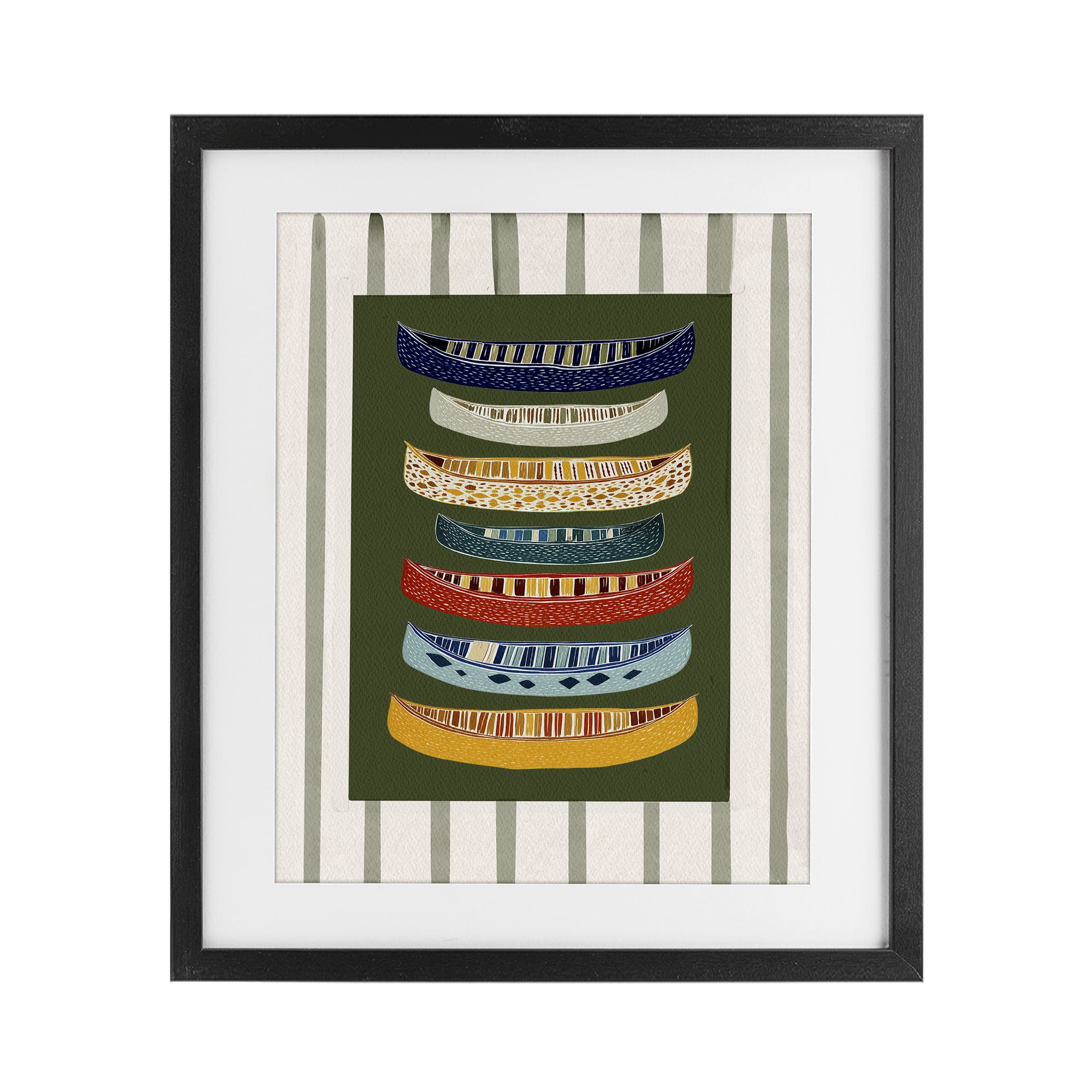 Stupell Industries Patterned Canoes over Stripes Black Framed Print Under Glass, design by Yen