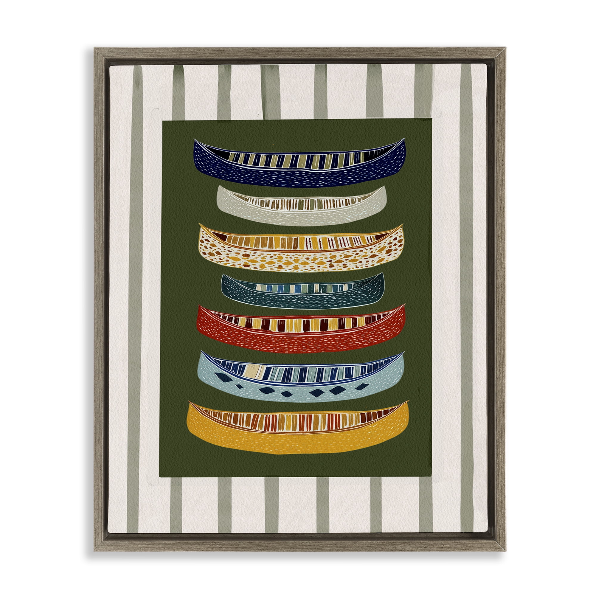 Stupell Industries Patterned Canoes over Stripes Brown Framed Floater Canvas Wall Art, design by Yen