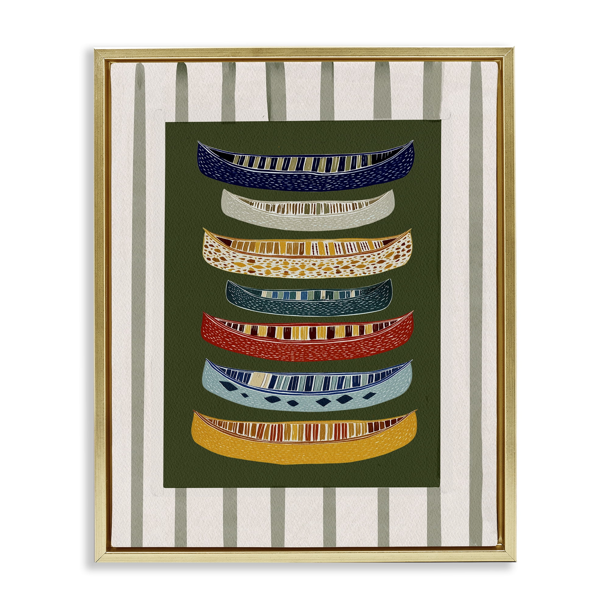 Stupell Industries Patterned Canoes over Stripes Gold Framed Floater Canvas Wall Art, design by Yen