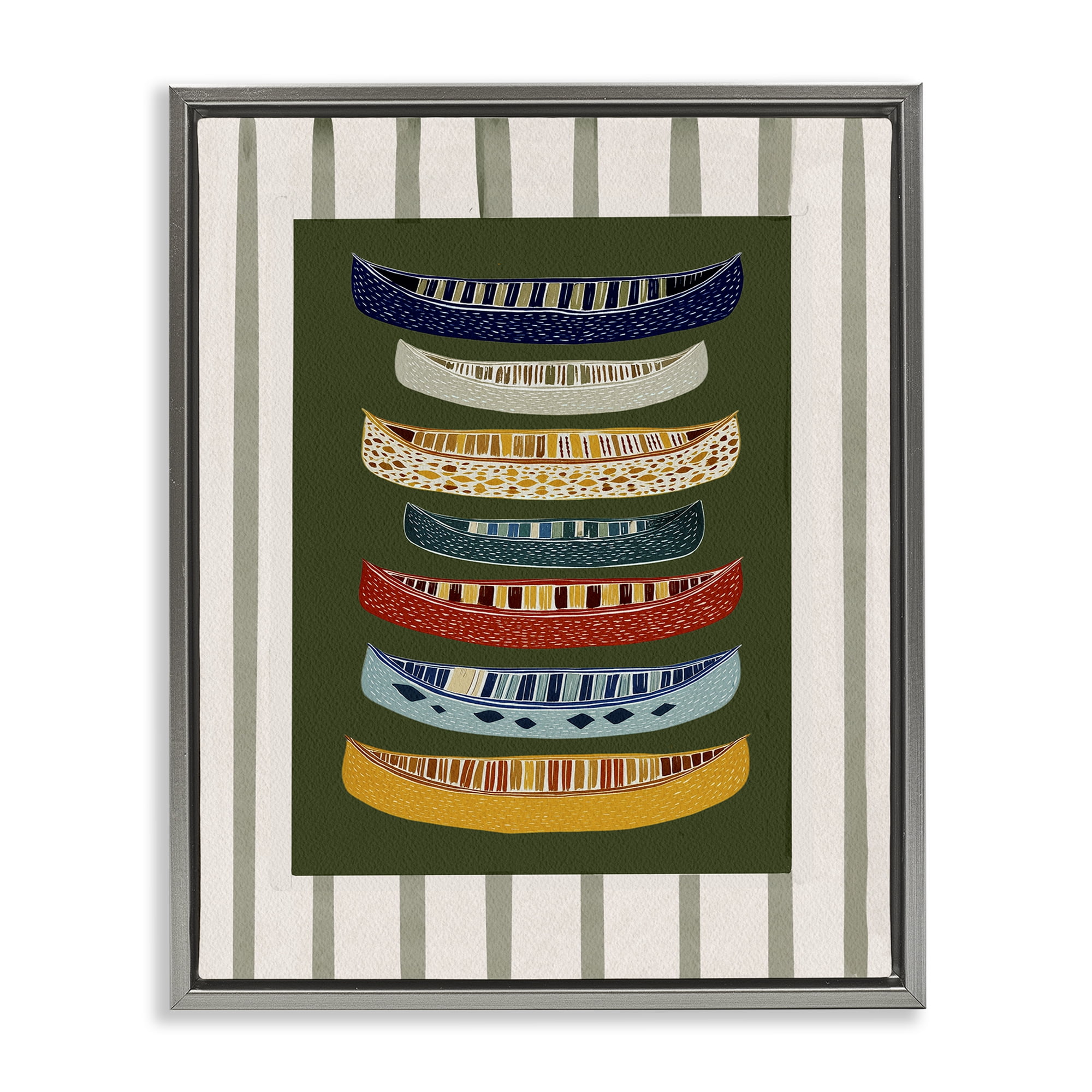 Stupell Industries Patterned Canoes over Stripes Gray Framed Floater Canvas Wall Art, design by Yen