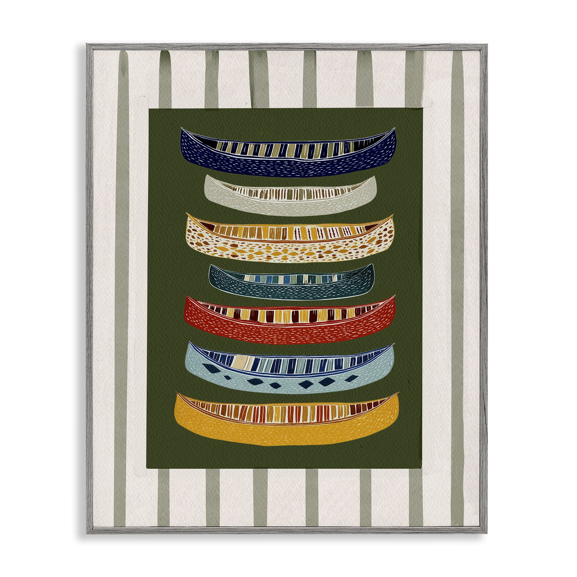 Stupell Industries Patterned Canoes over Stripes Gray Framed Giclee Art, design by Yen