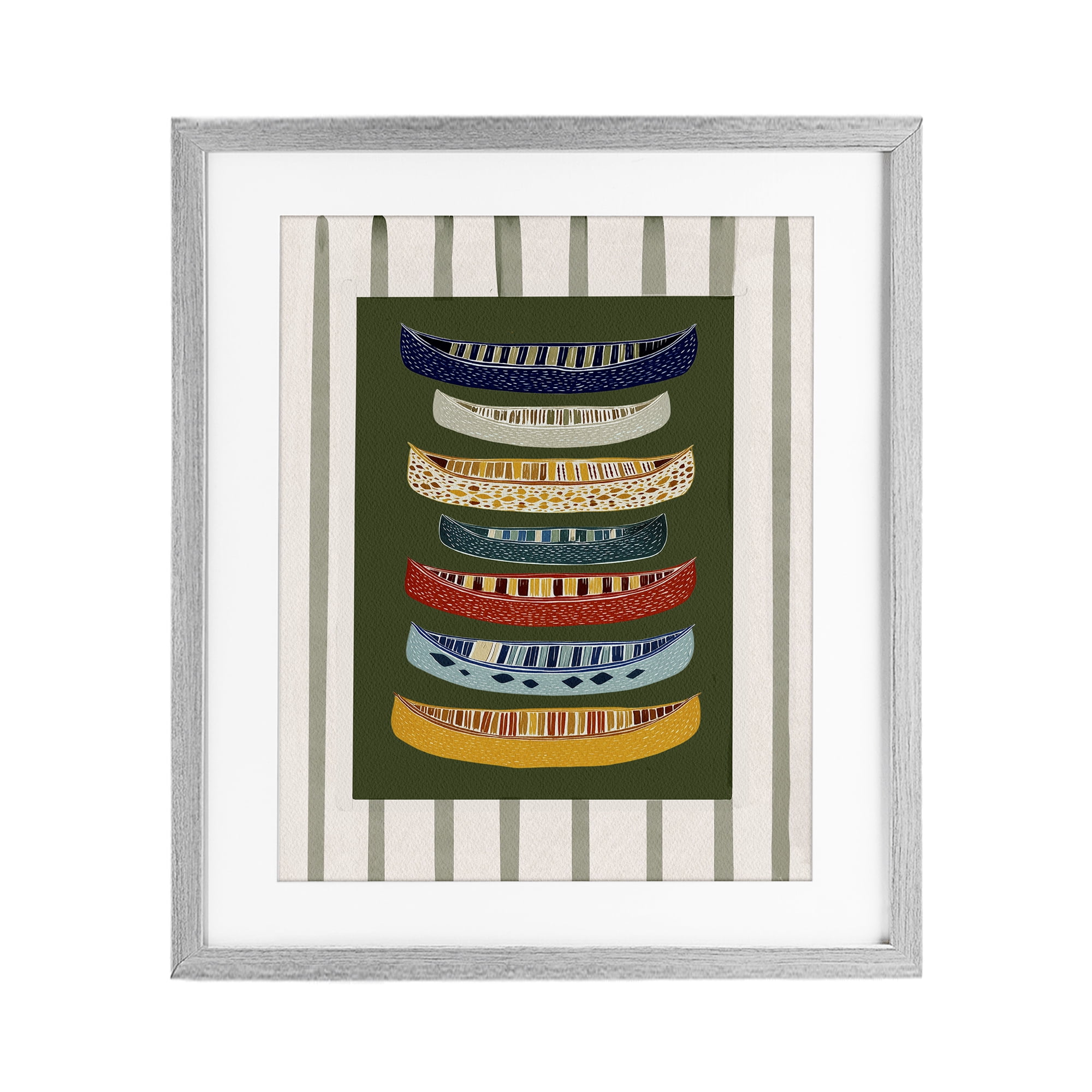 Stupell Industries Patterned Canoes over Stripes Gray Framed Print Under Glass, design by Yen