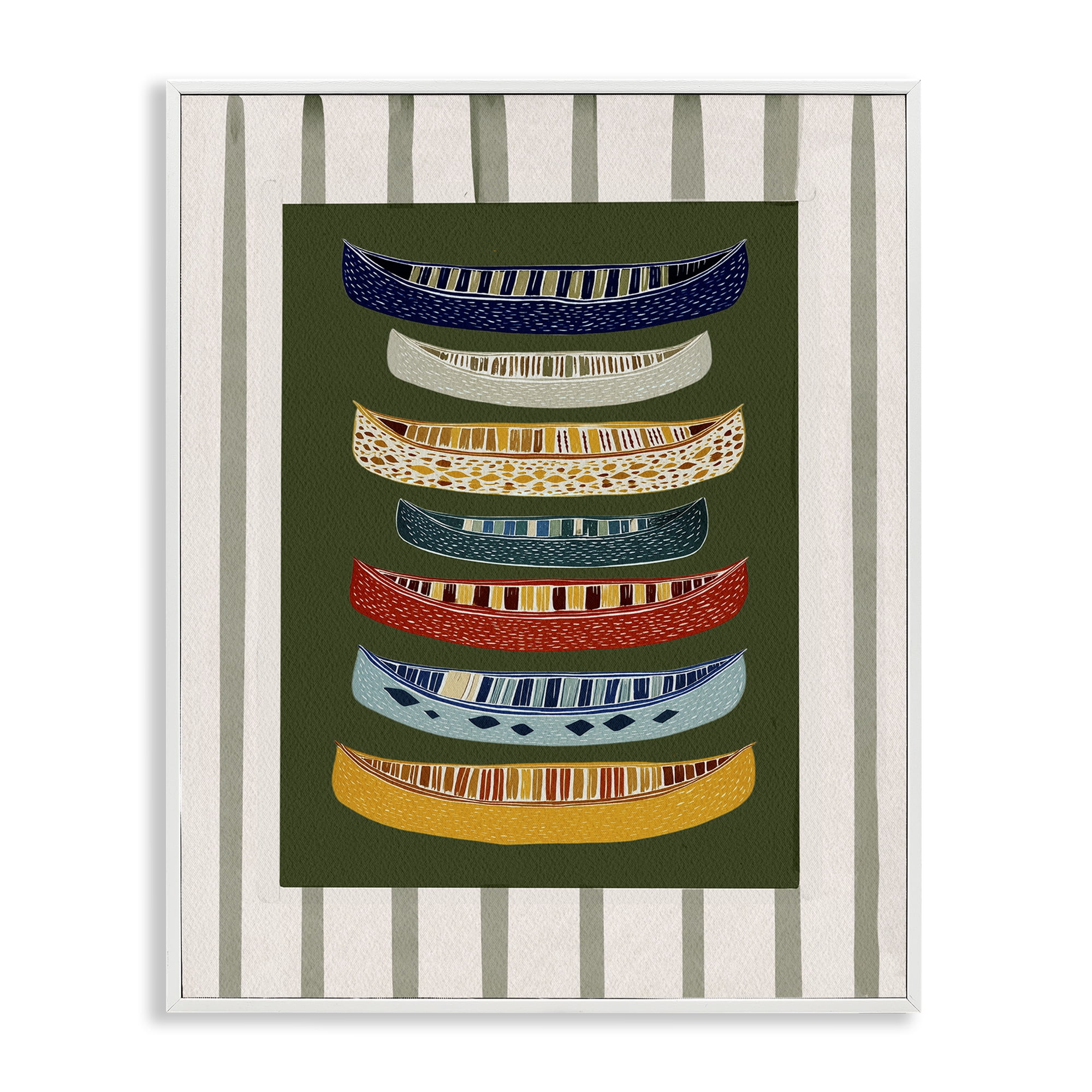 Stupell Industries Patterned Canoes over Stripes White Framed Giclee Art, design by Yen