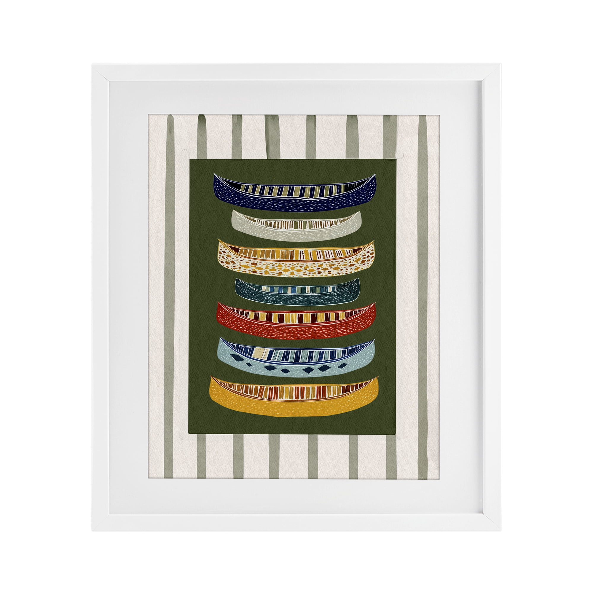 Stupell Industries Patterned Canoes over Stripes White Framed Print Under Glass, design by Yen
